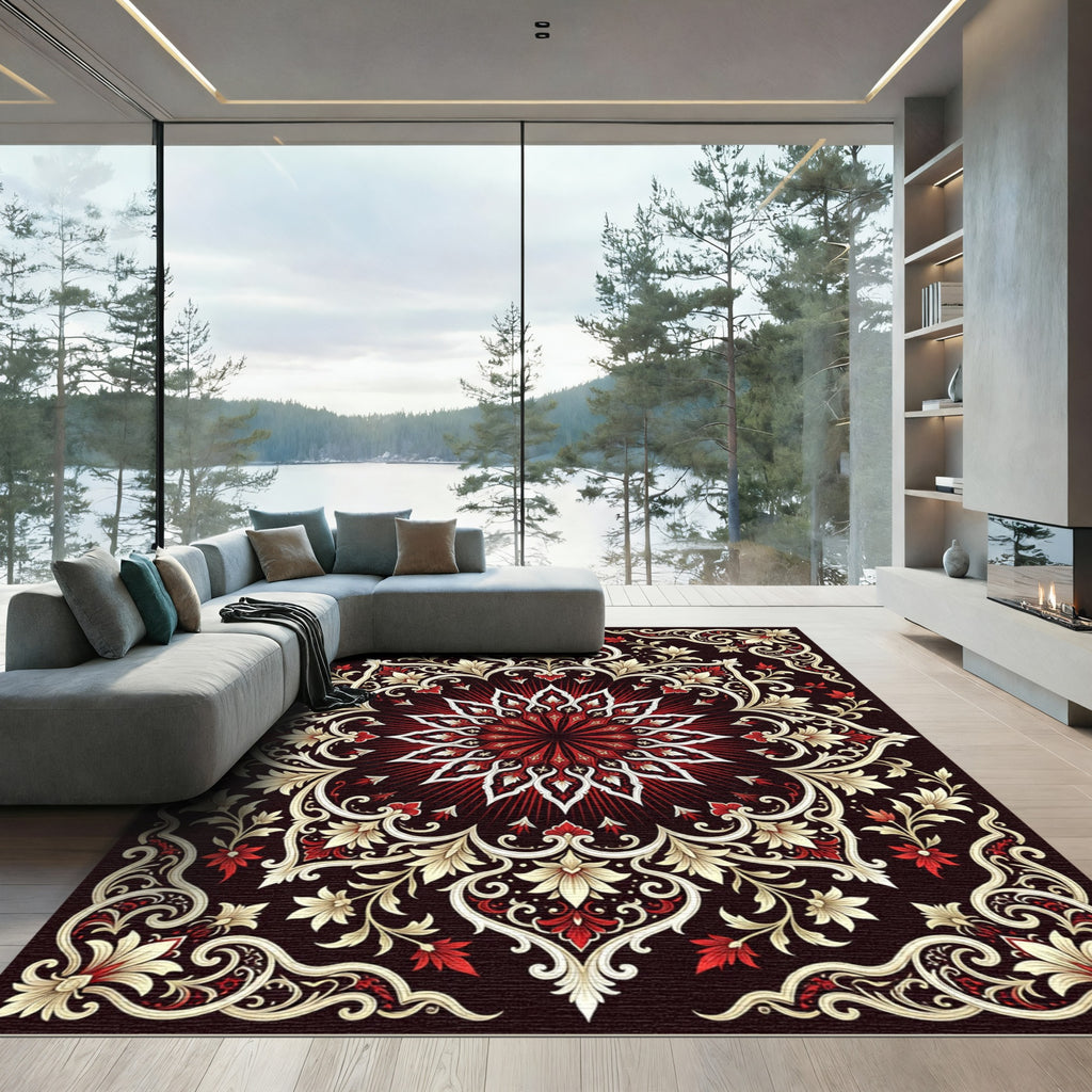 Ornate Crimson Cream Floral Medallion Rug