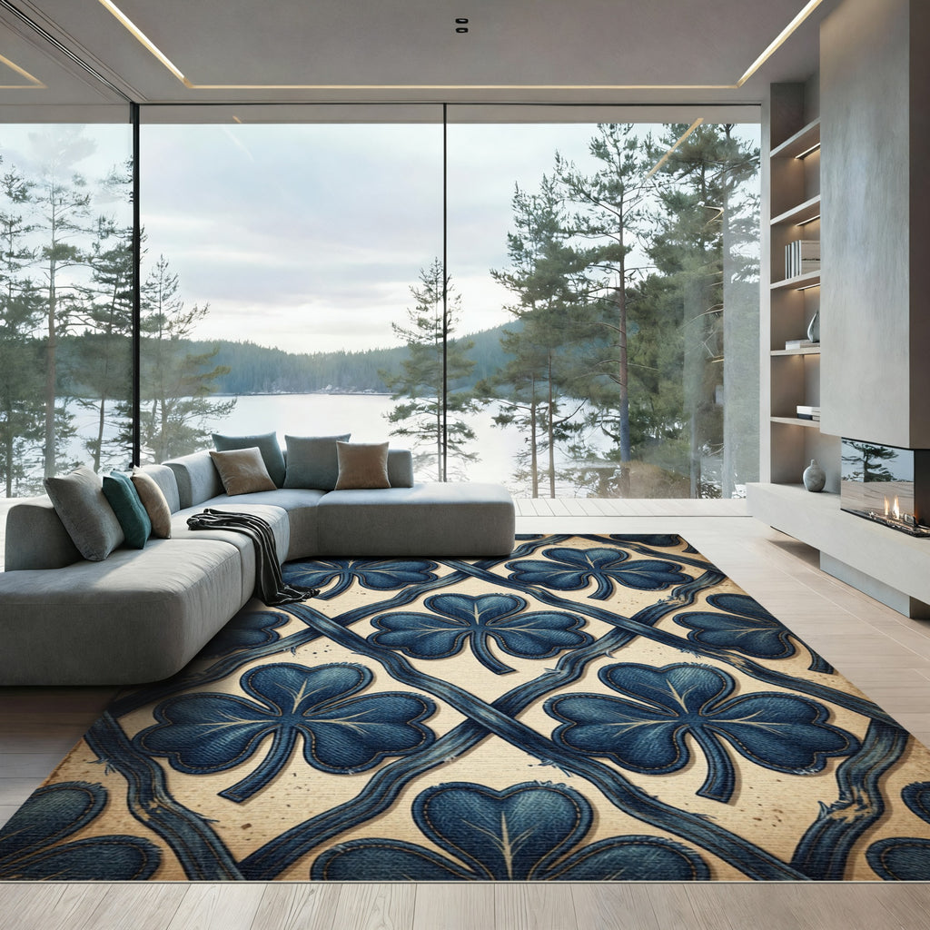 Denim Blue Shamrock Lattice Trellis Rug