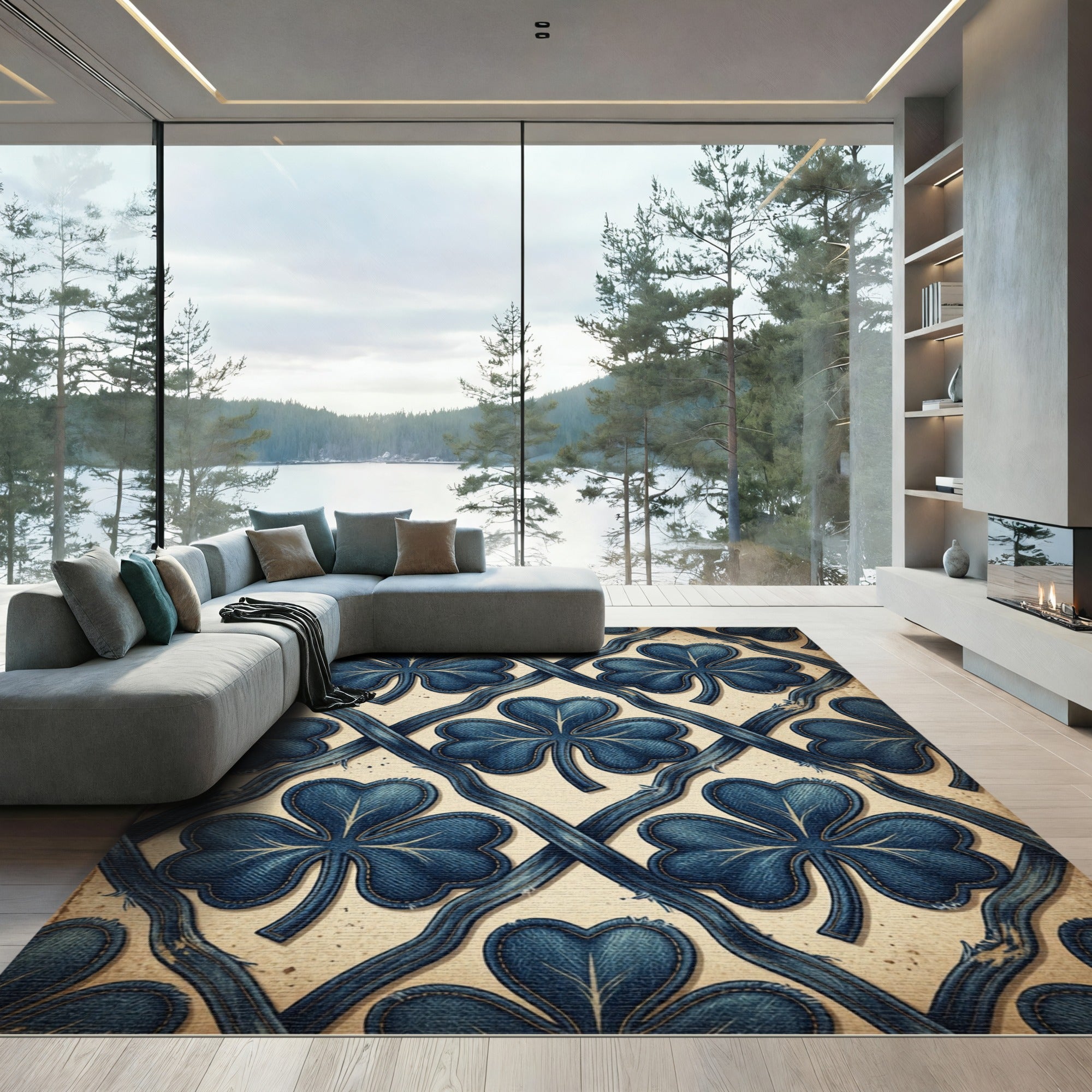 Denim Blue Shamrock Lattice Trellis Rug