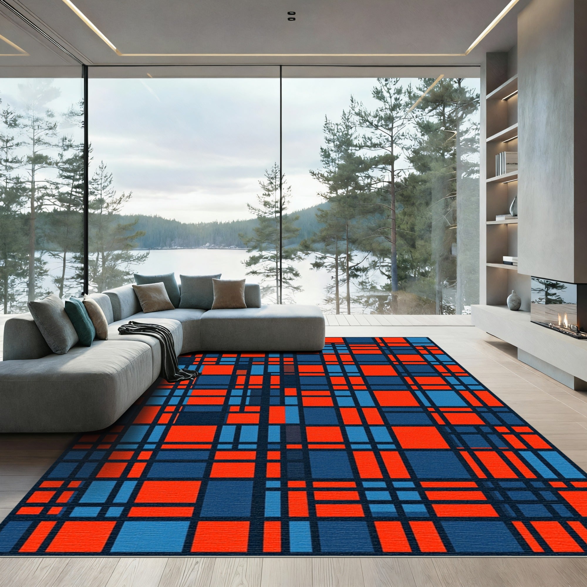 Red Blue Geometric Grid Rug