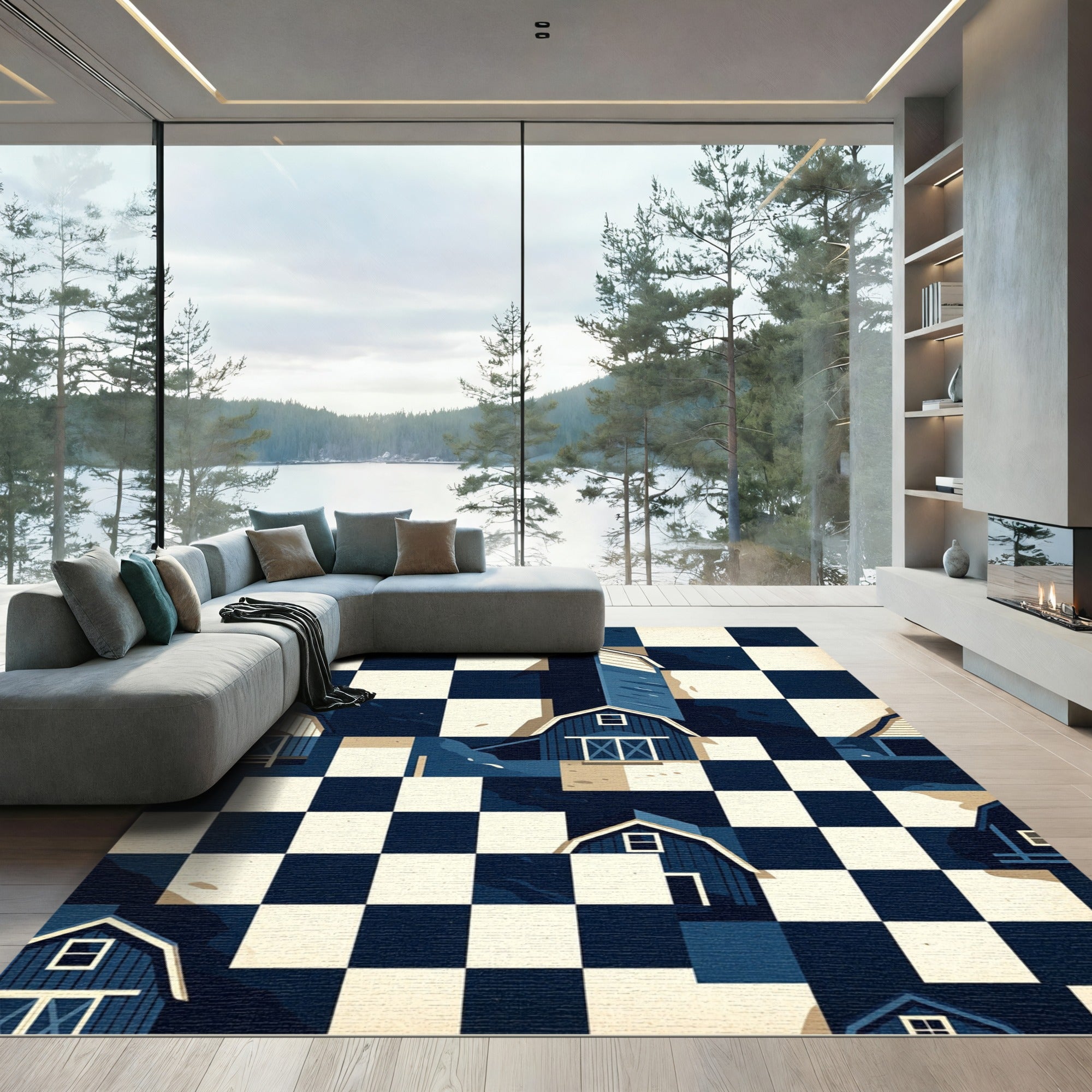 Navy Blue Checkerboard Barn House Landscape Rug
