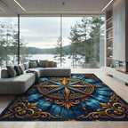Ornate Celestial Compass Blue Gold Rug