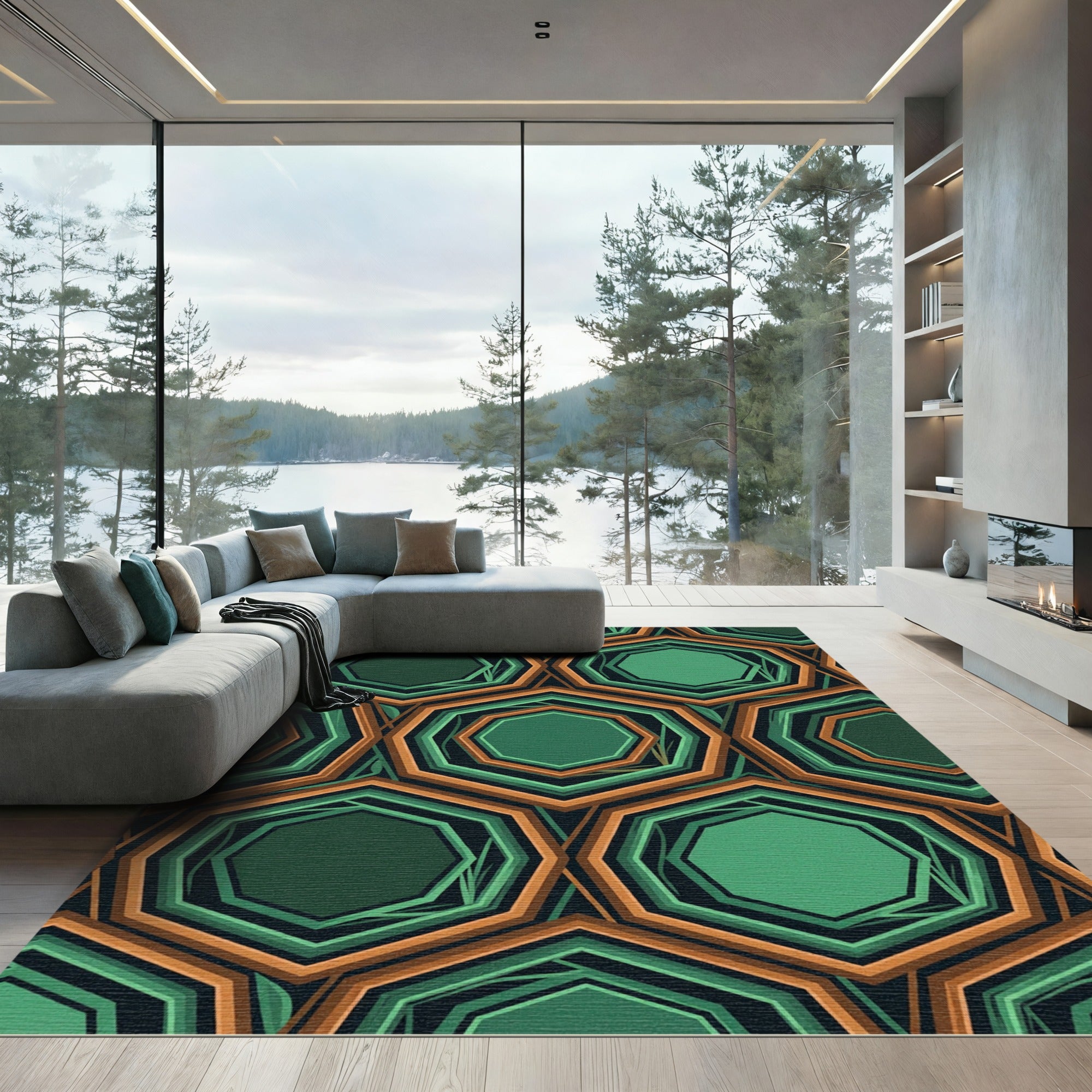 Emerald Geometric Hexagonal Art Deco Overlay Rug