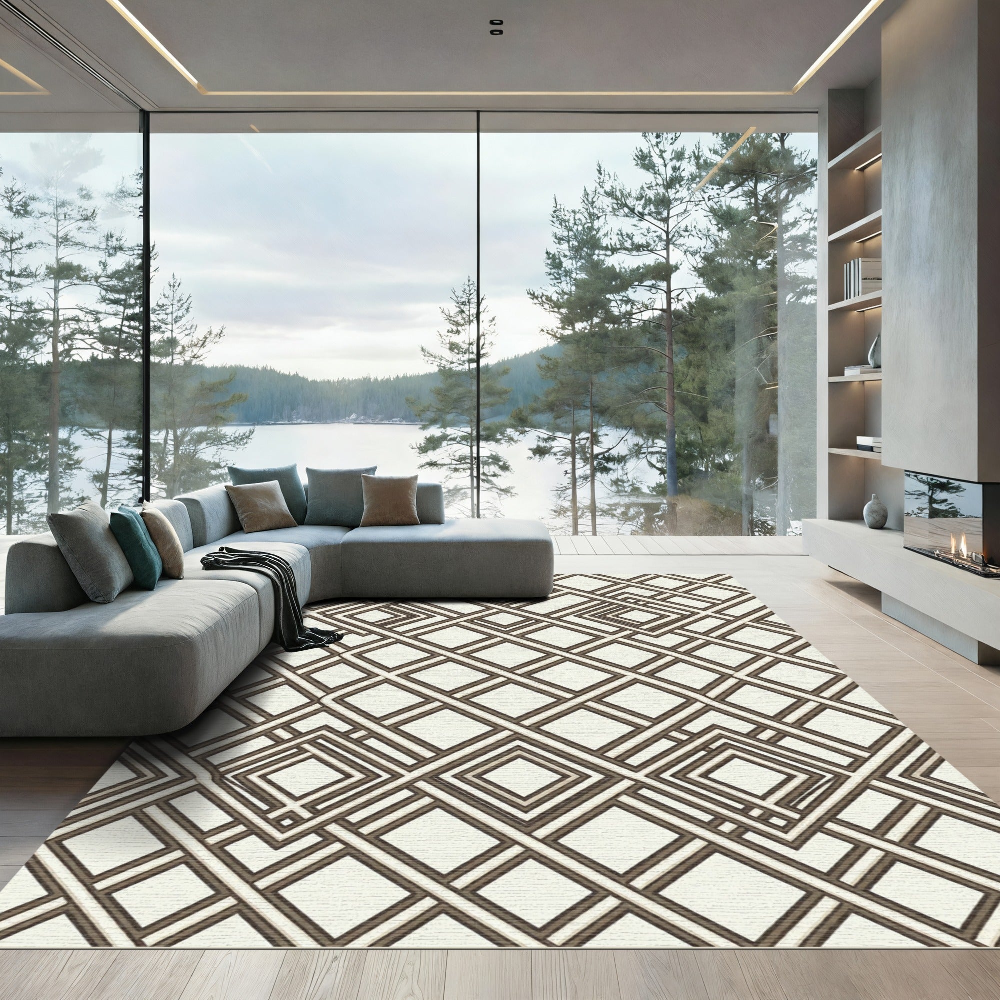 Brown Interlocking Geometric Squares Rug