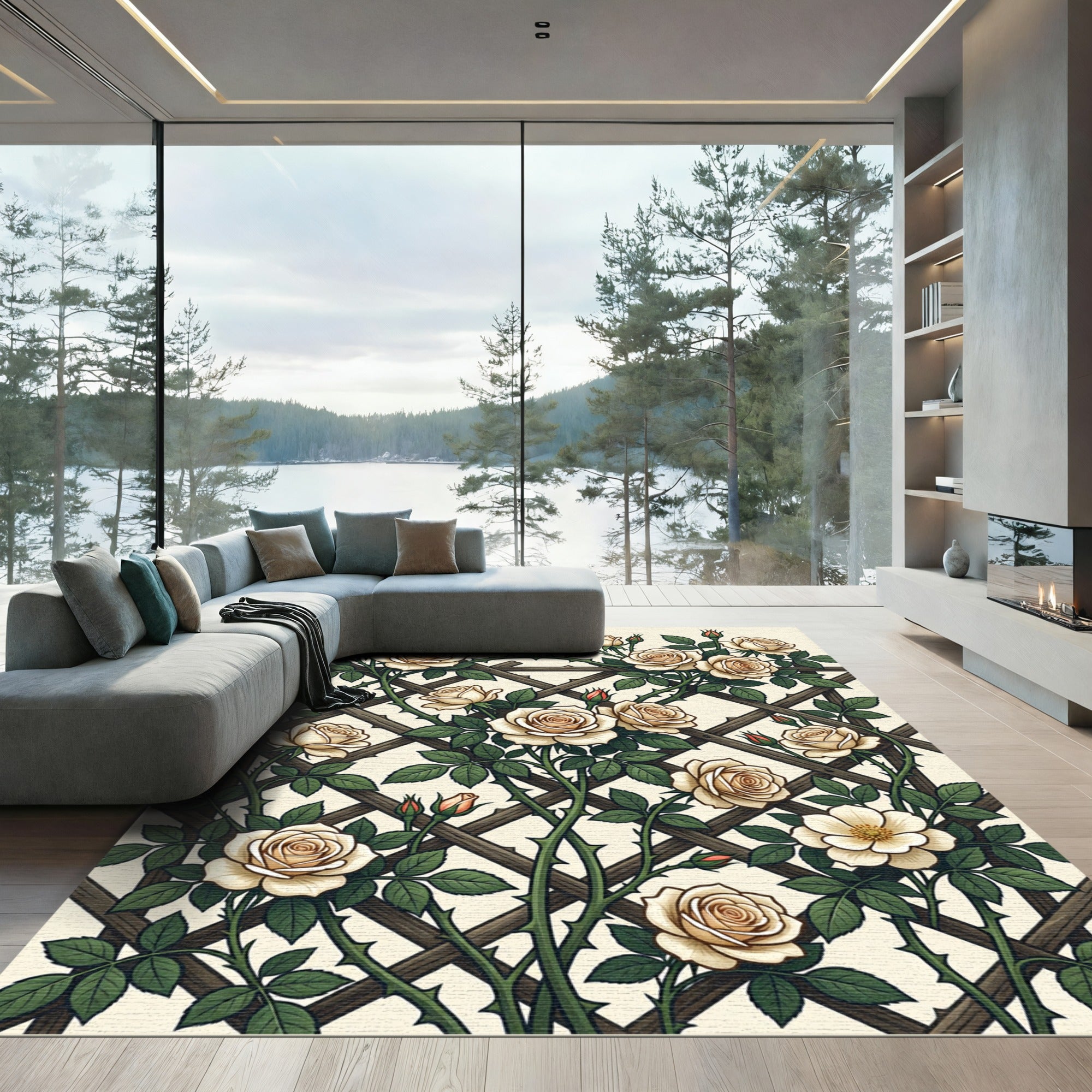 Cream Rose Garden Trellis Wall Art Rug