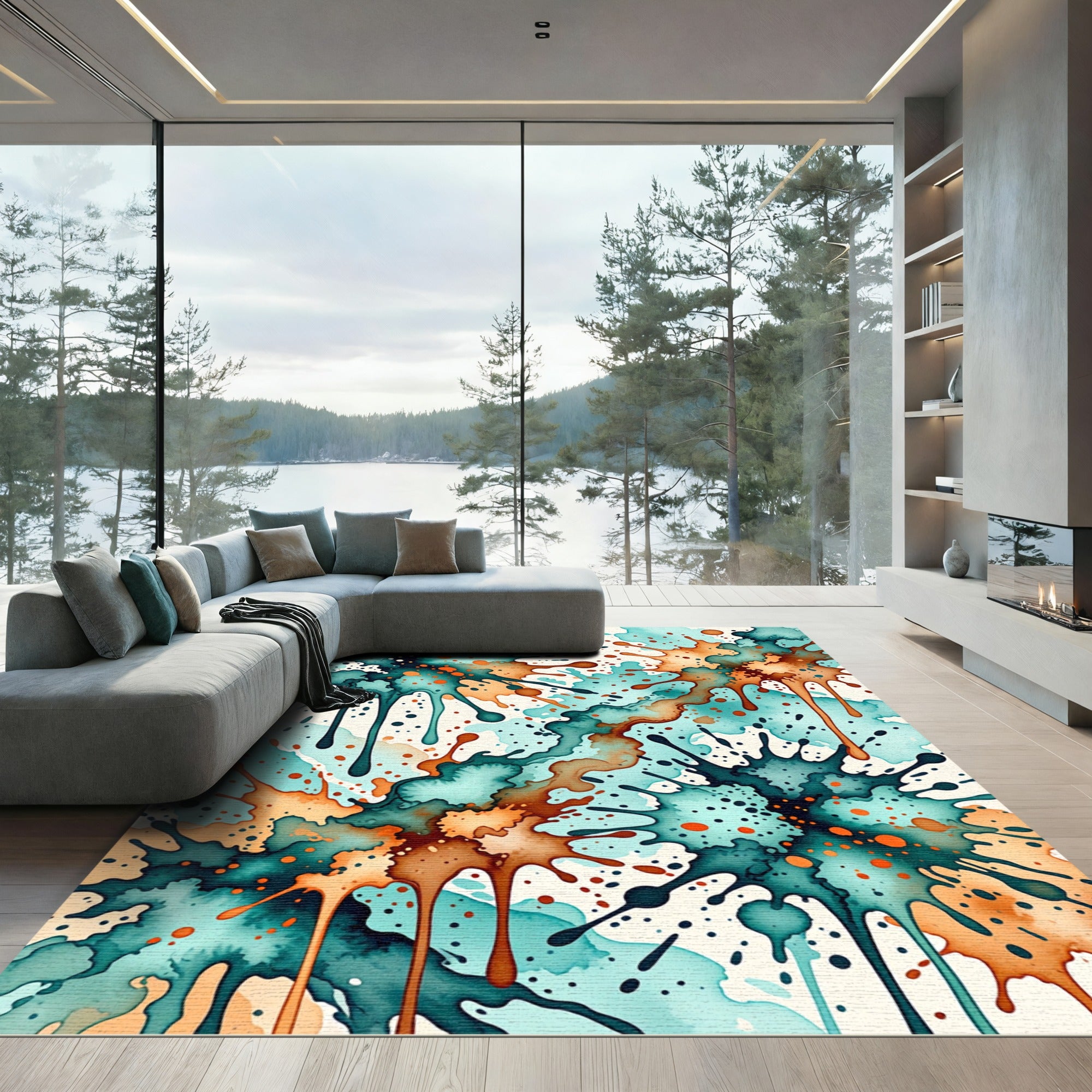 Oceanic Teal Orange Splatter Burst Rug