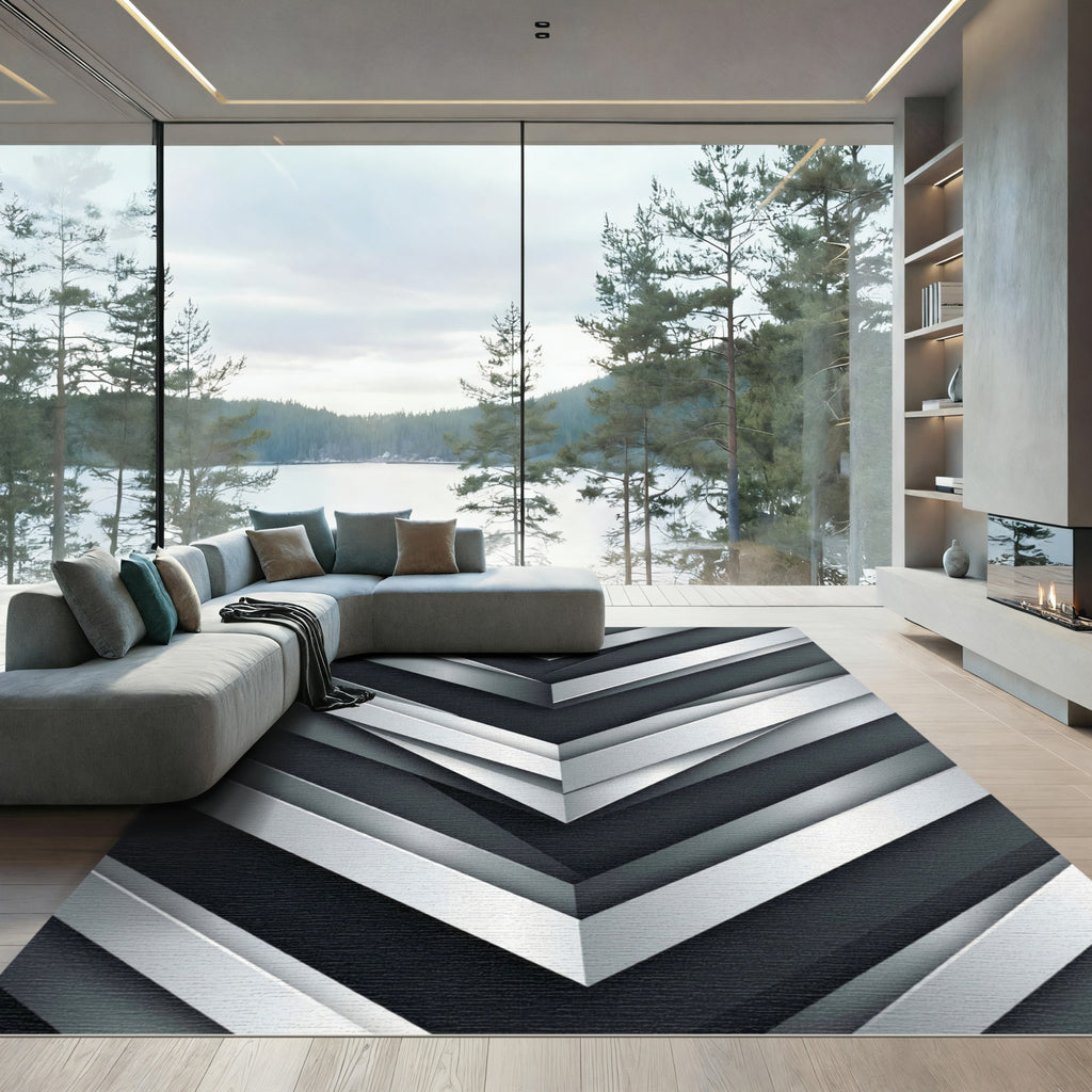Modern Metallic Silver Angular Chevron Rug