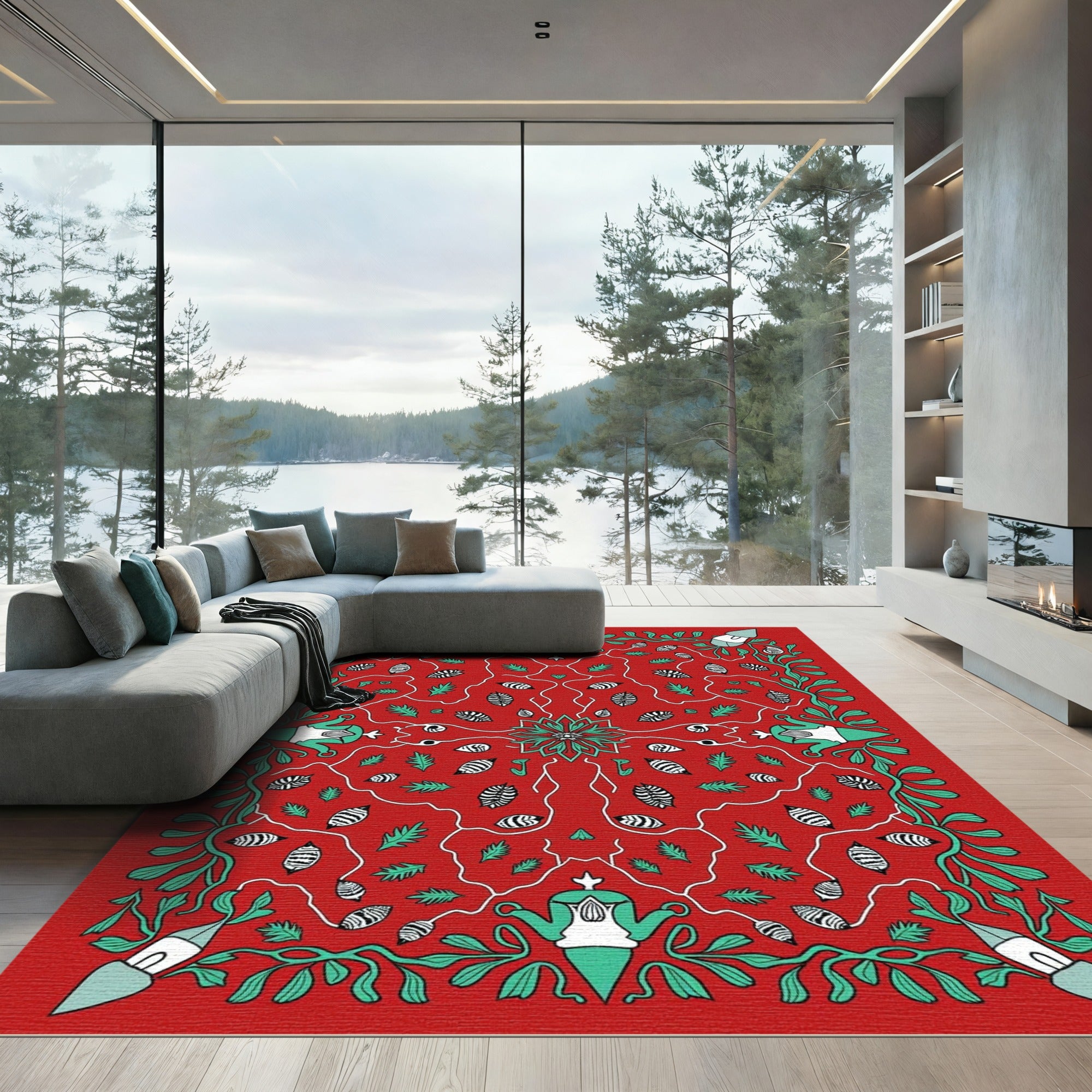 Red Teal Botanical Garden Scene Rug