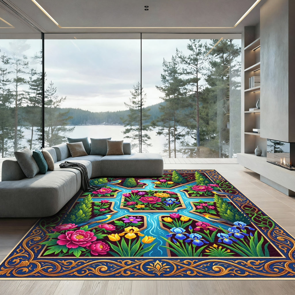 Vibrant Floral Garden with Exotic Birds Rug