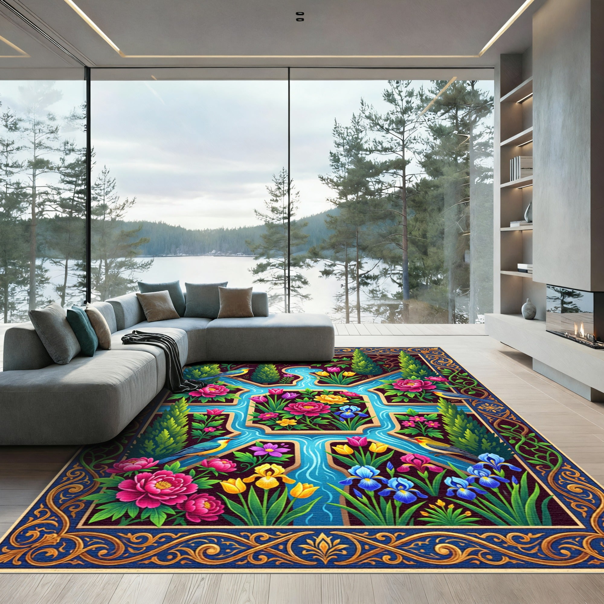 Vibrant Floral Garden with Exotic Birds Rug
