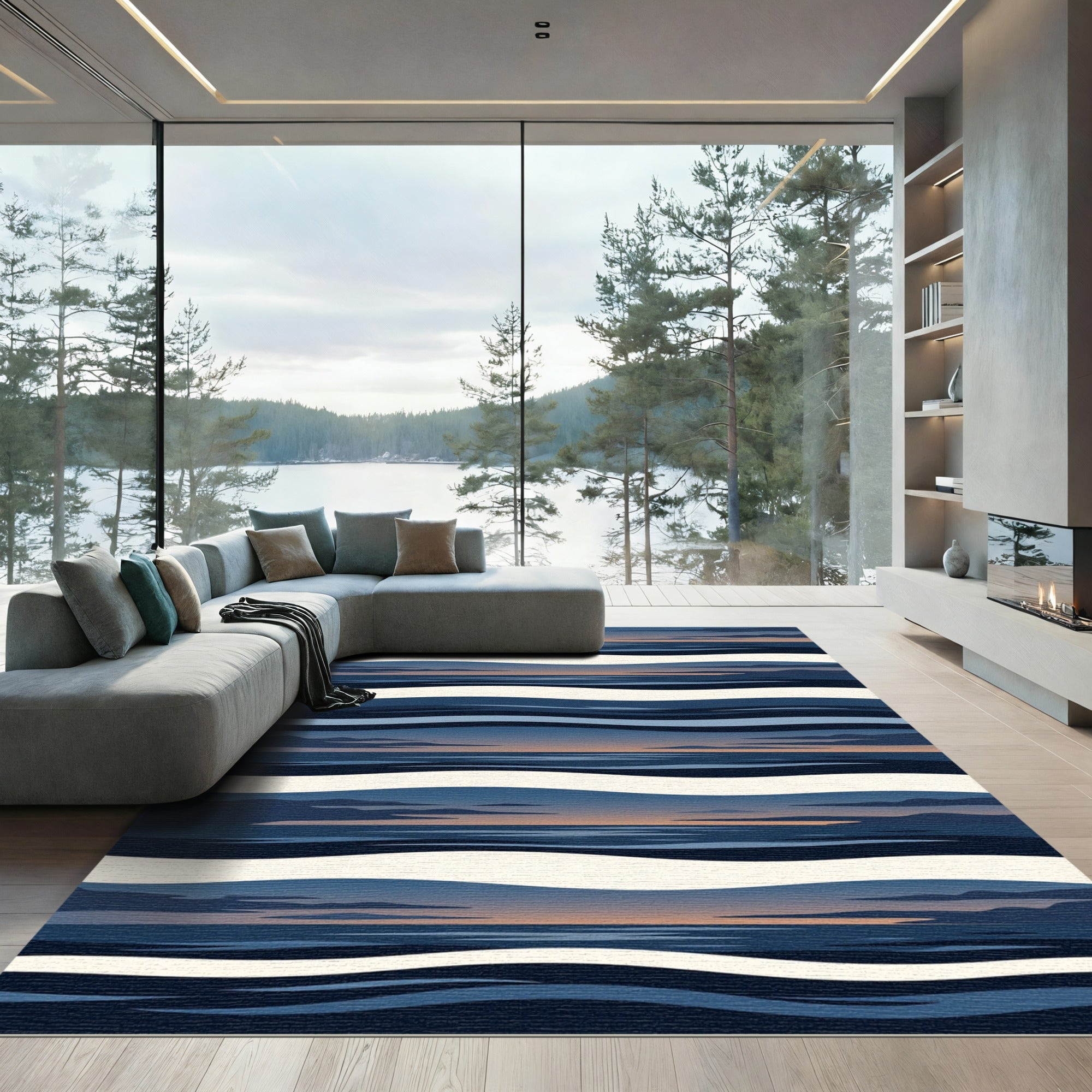 Twilight Horizon Abstract Navy Wave Rug
