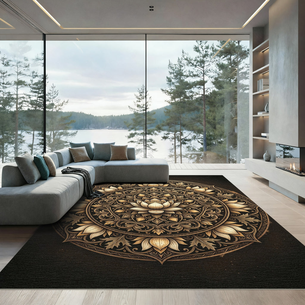 Golden Lotus Mandala Circle Rug