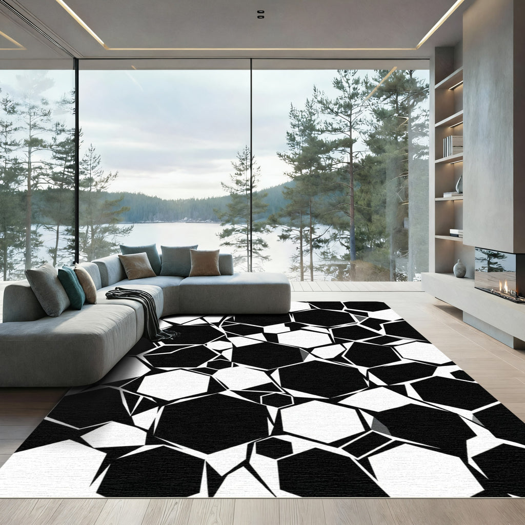 Bold Monochrome Geometric Abstract Hexagon Rug