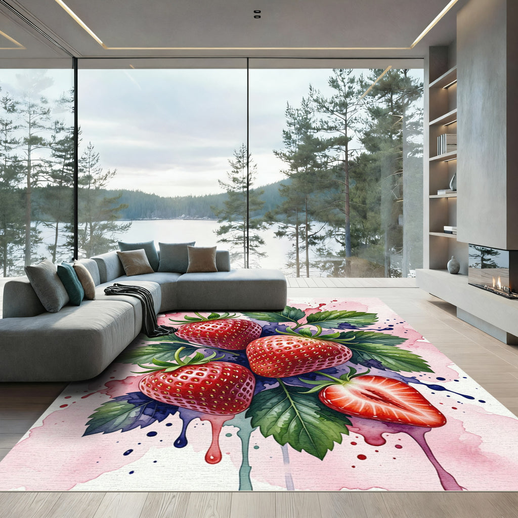 Vibrant Red Strawberry Watercolor Splash Rug
