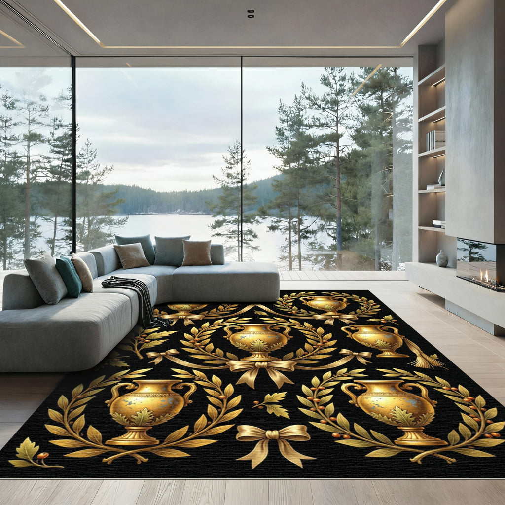 Golden Neoclassical Urn Wreath Scroll Rug