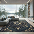 Ornate Charcoal Golden Floral Medallion Rug