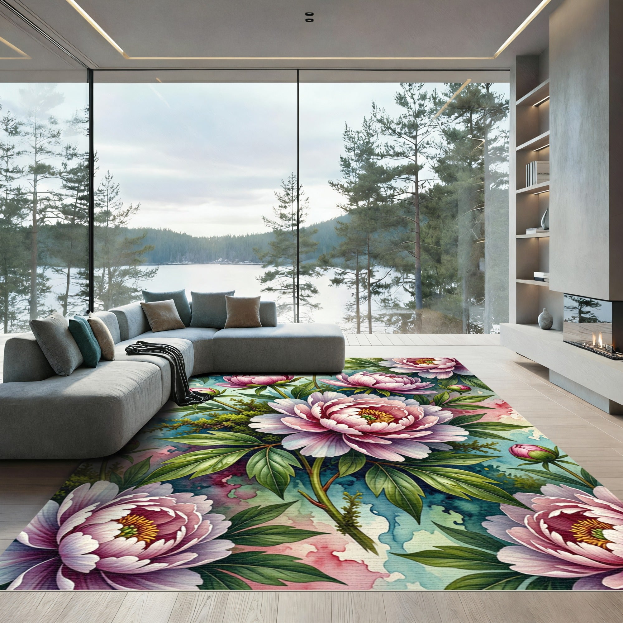 Blushing Peony Watercolor Floral Art Rug