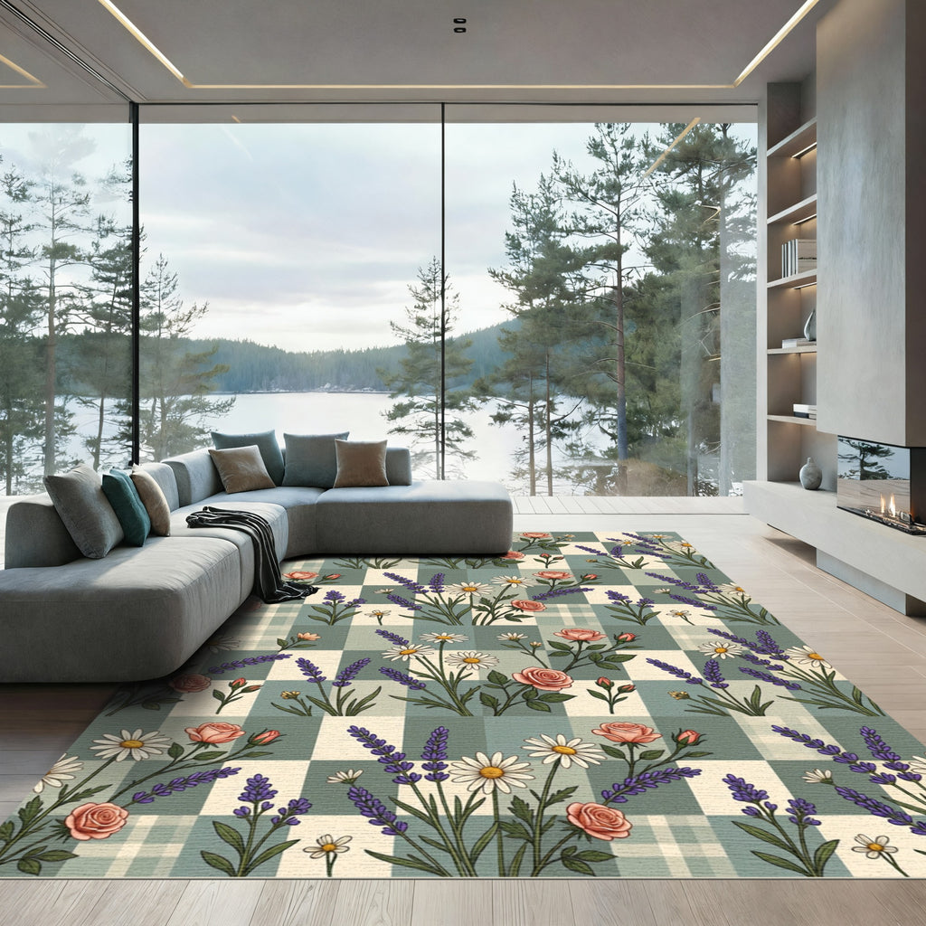 Sage Gingham Rose and Lavender Garden Rug