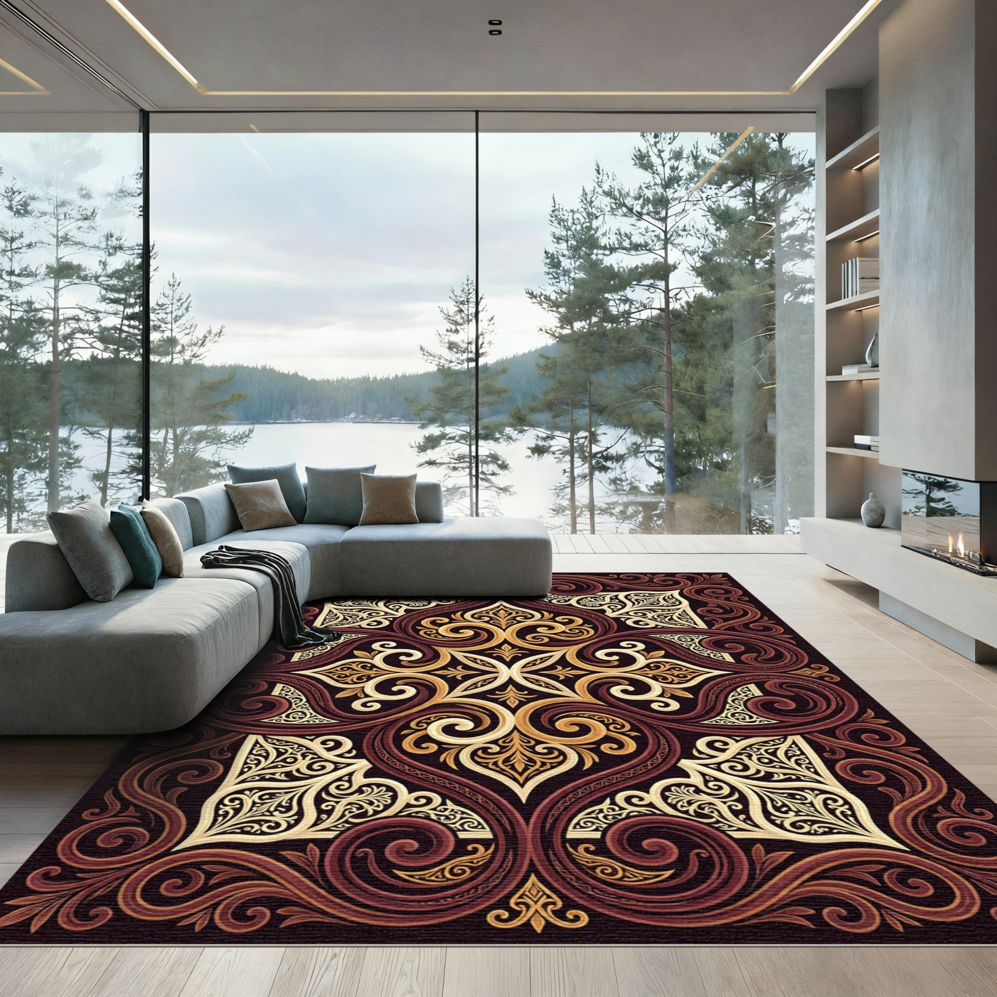Rich Burgundy Swirls Gold Ornament Rug