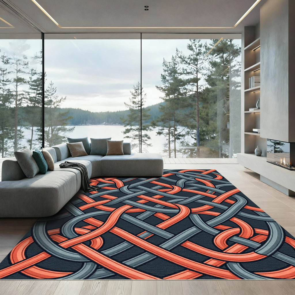 Interwoven Slate and Terracotta Geometric Knot Rug