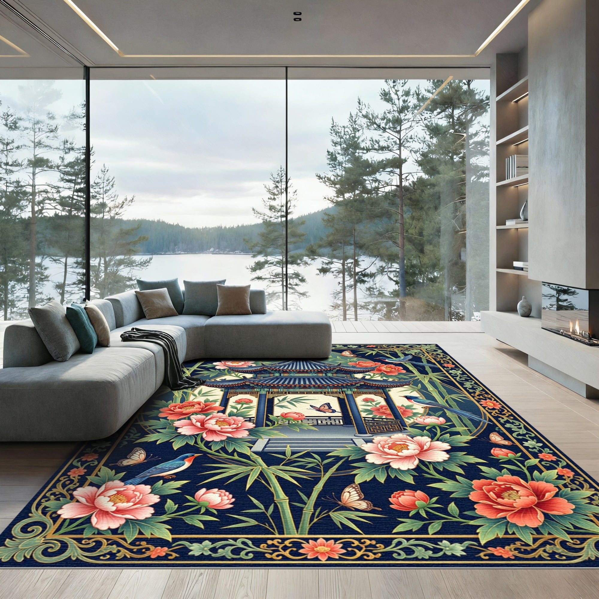 Chinoiserie Navy Peony Pagoda Garden Rug