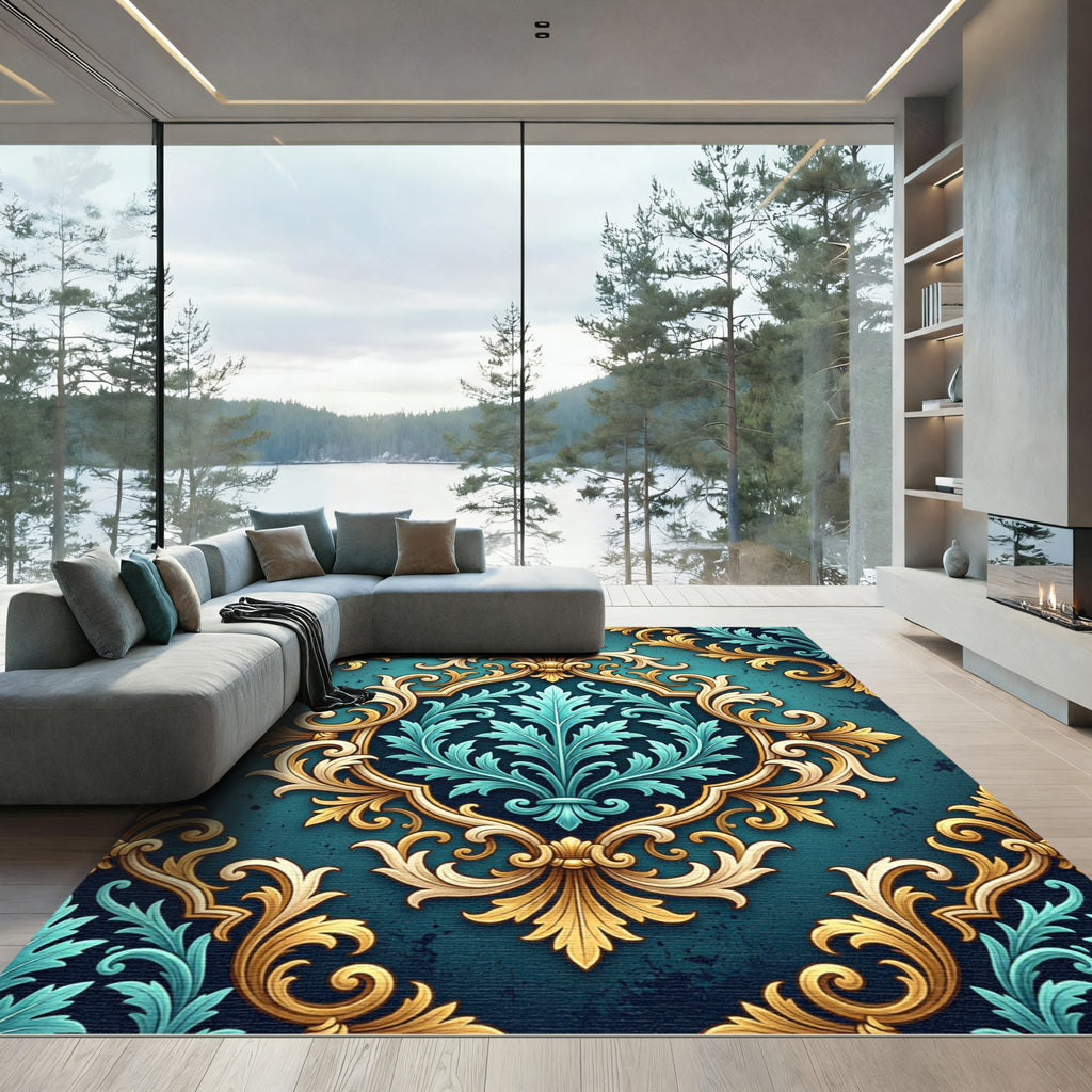Elegant Gold Teal Damask Ornate Scroll Rug