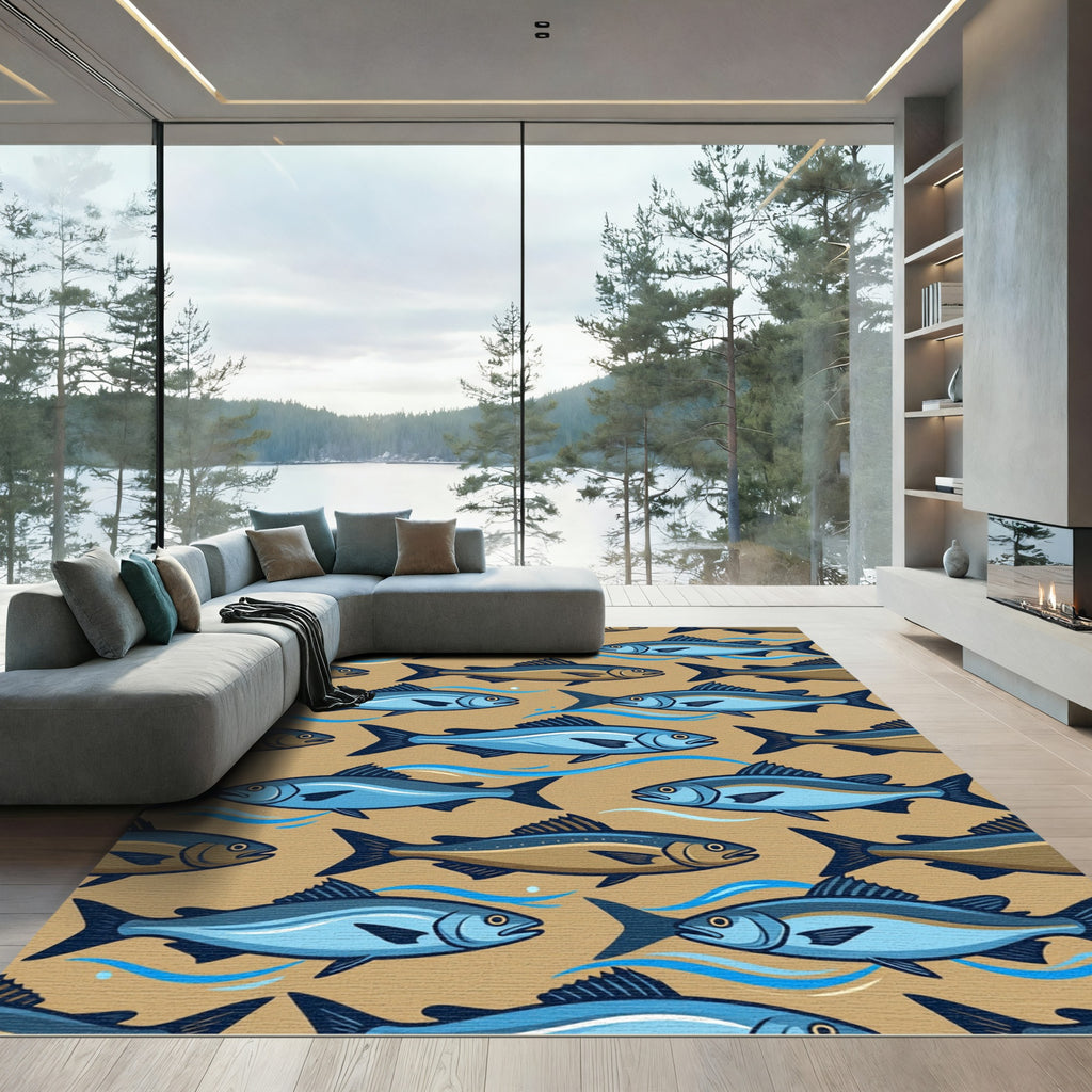 Coastal Blue Fish School Illustration Rug