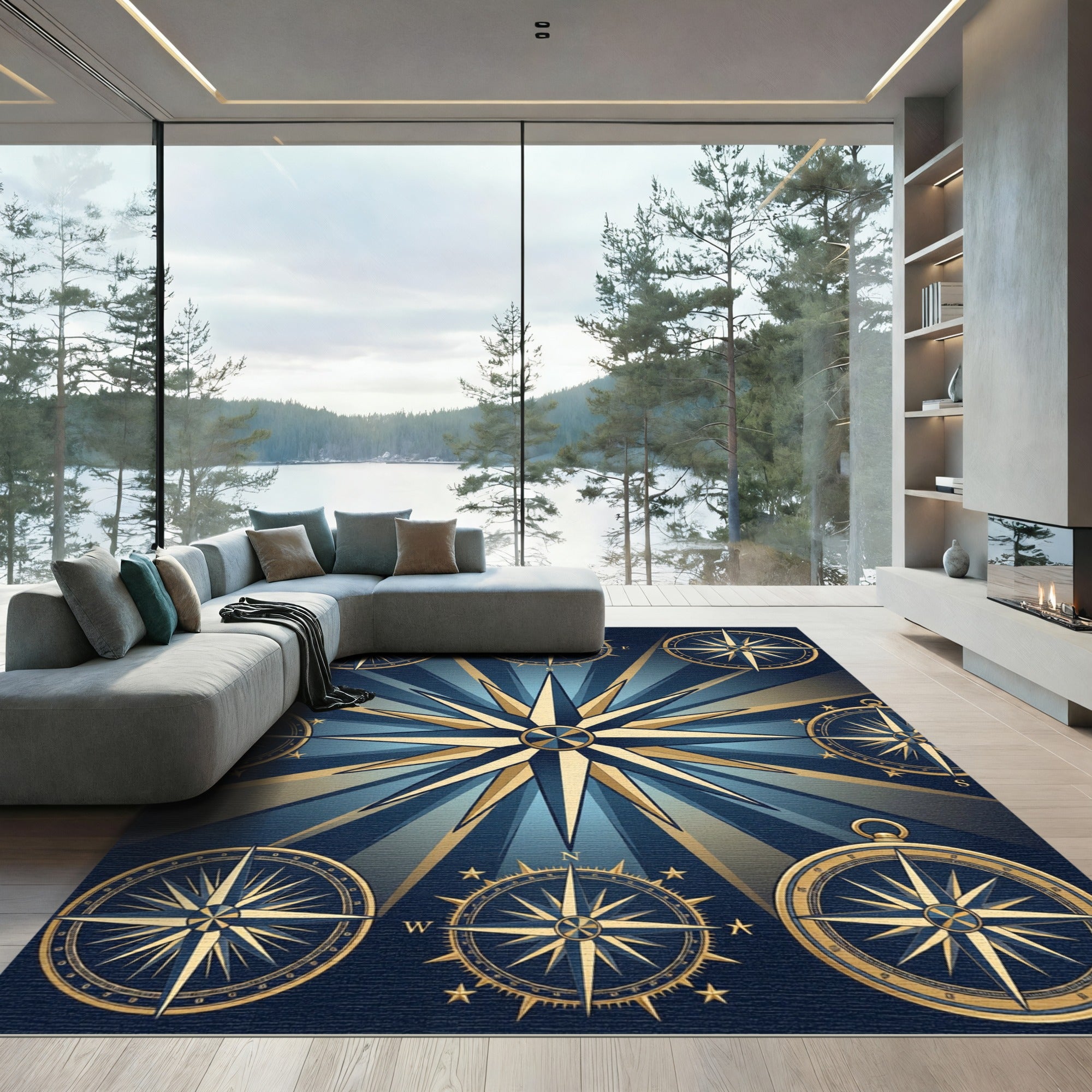Celestial Golden Compass Starry Navy Area Rug