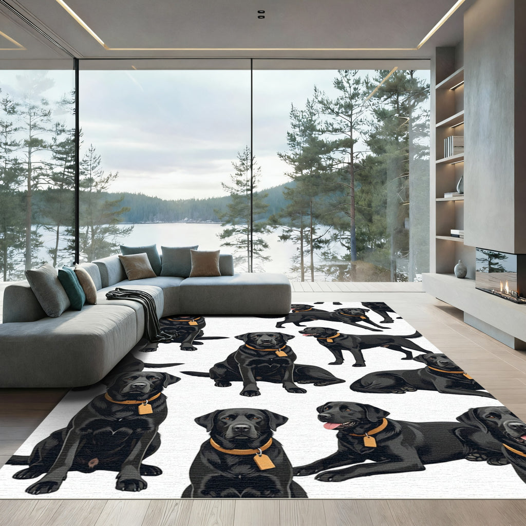 Cheerful Black Labrador Retriever Repeating Illustration Rug
