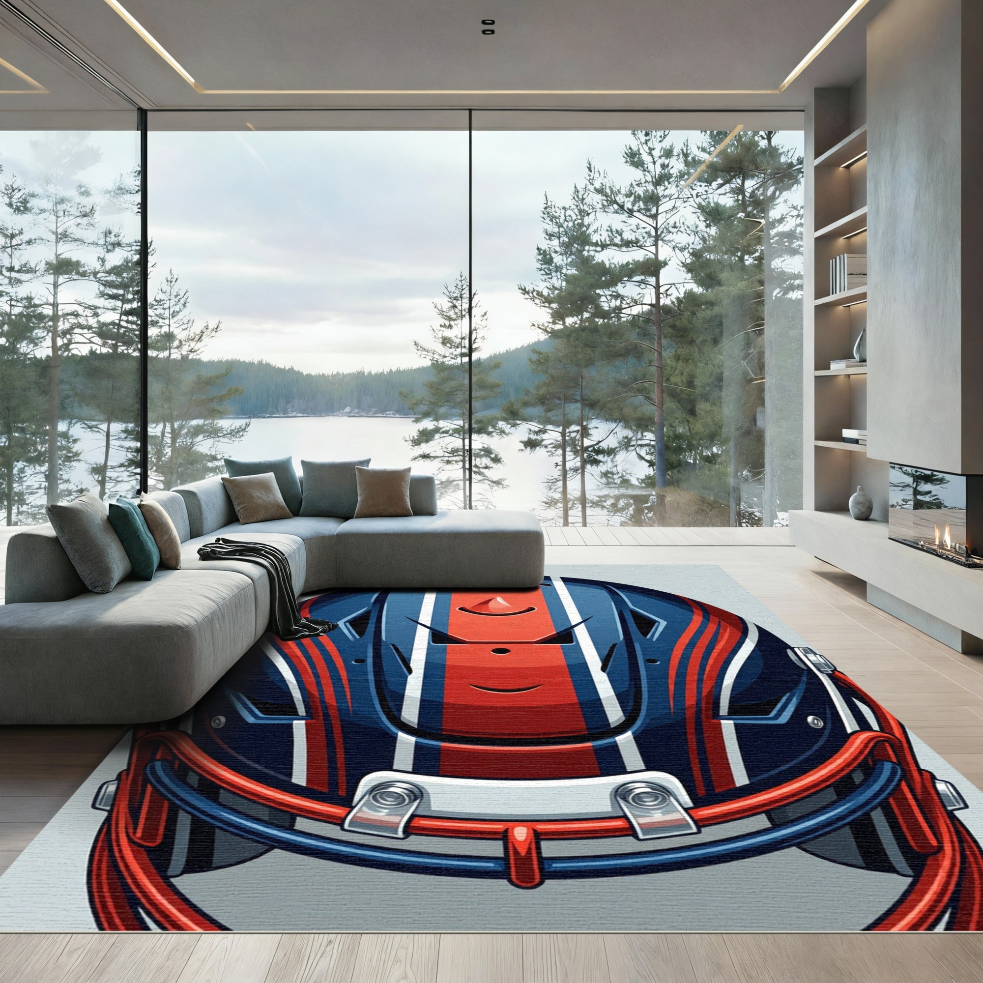 Navy and Red Football Helmet Graphic Rug