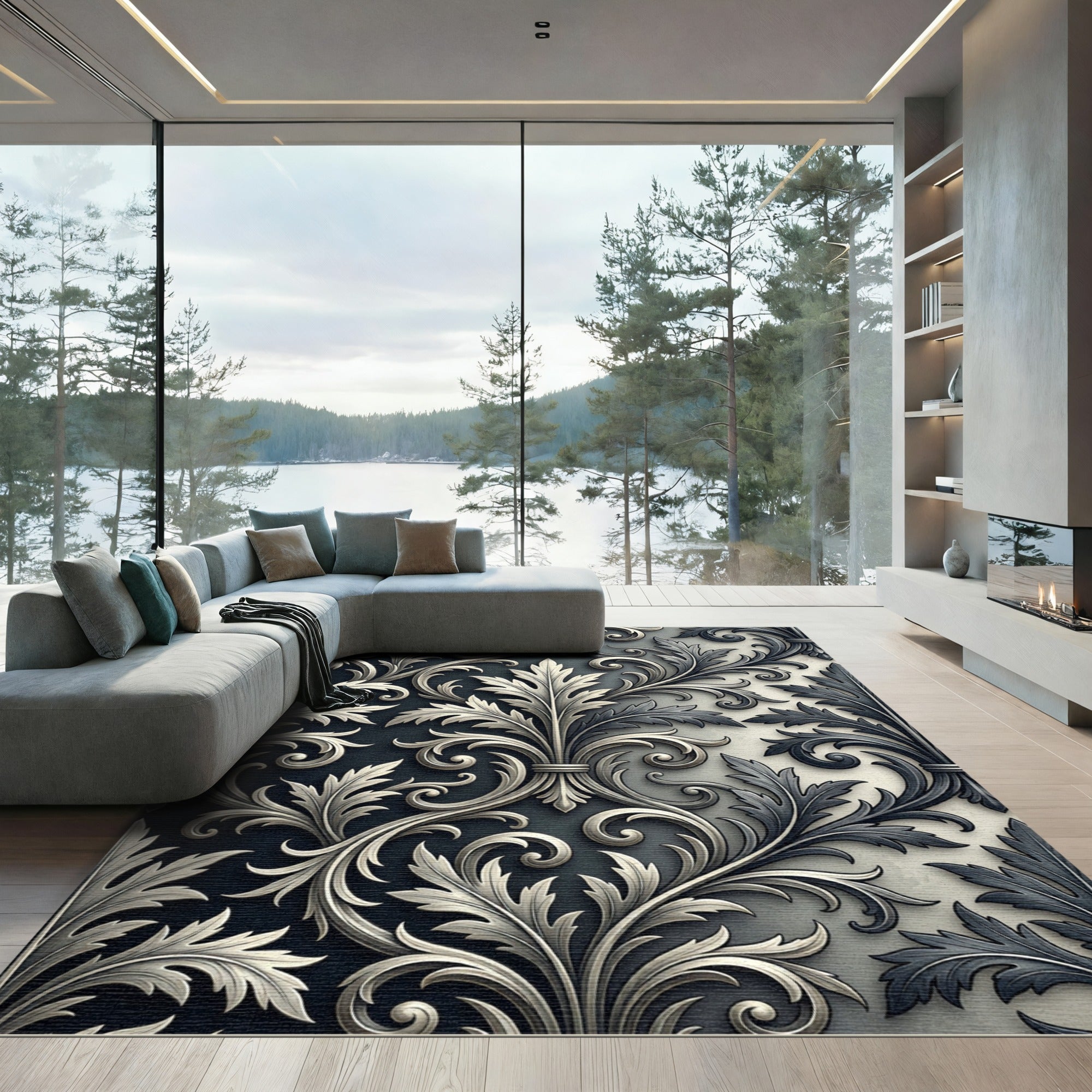 Elegant Monochrome Acanthus Leaf Scroll Rug