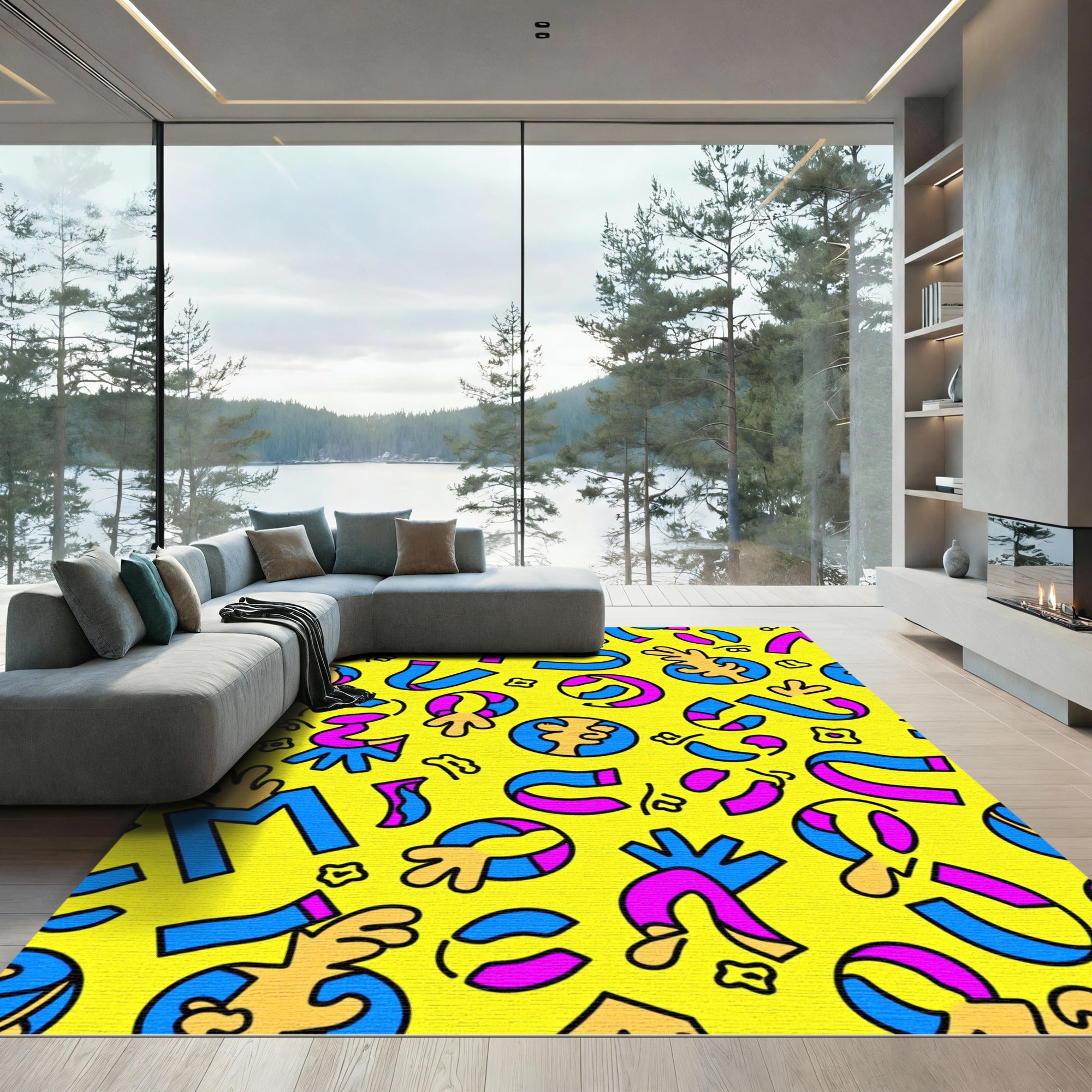 Yellow Abstract Retro Playful Shapes Rug