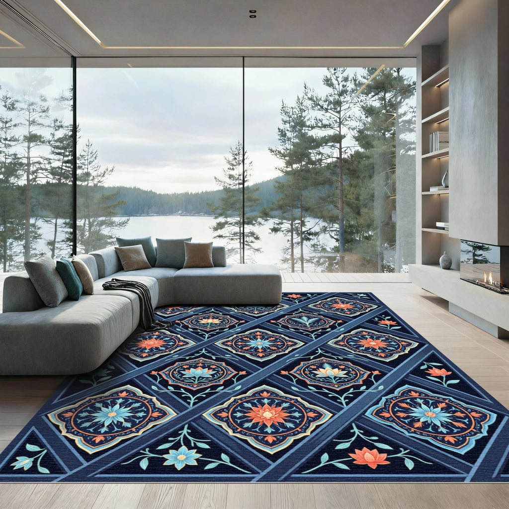 Navy Blue Coral Floral Lattice Rug