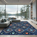Navy Blue Coral Floral Lattice Rug