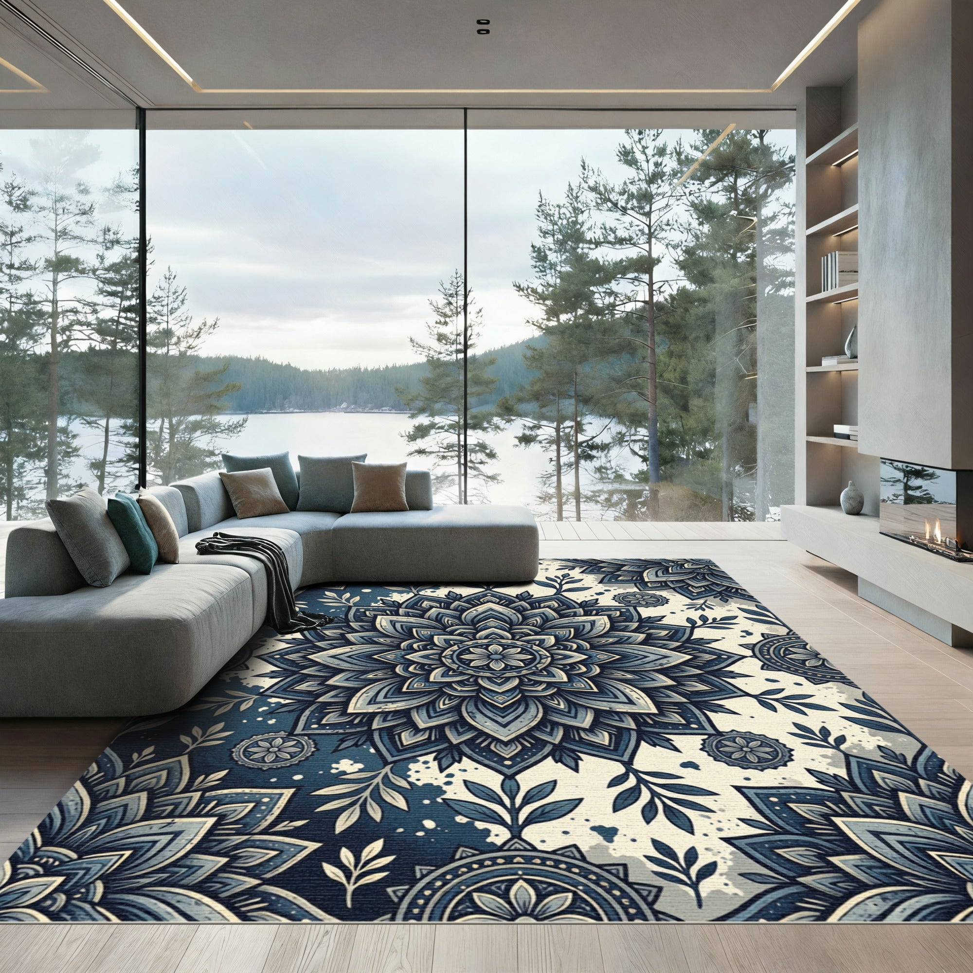 Midnight Blue Indigo Floral Mandala Rug