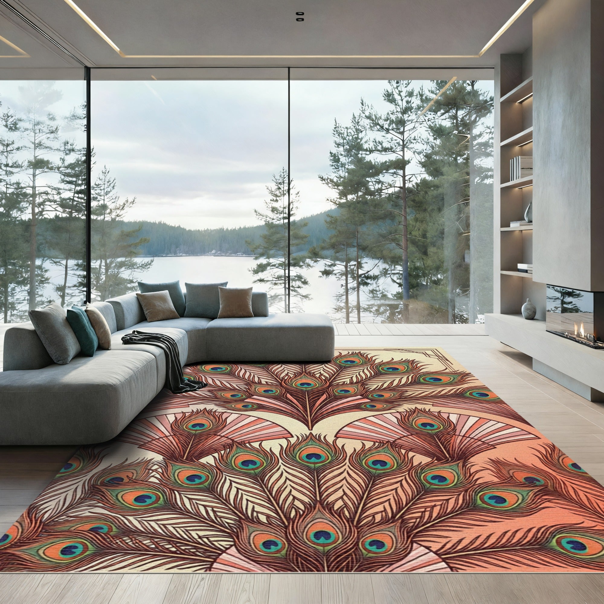 Vibrant Peacock Feather Fan Arrangement Rug