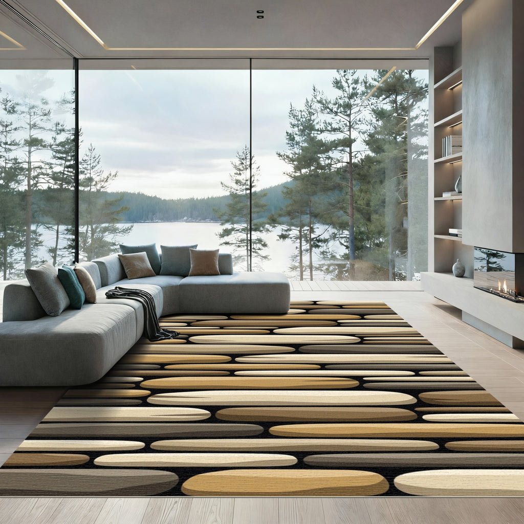 Modern Earthy Neutral Layered River Stone Rug