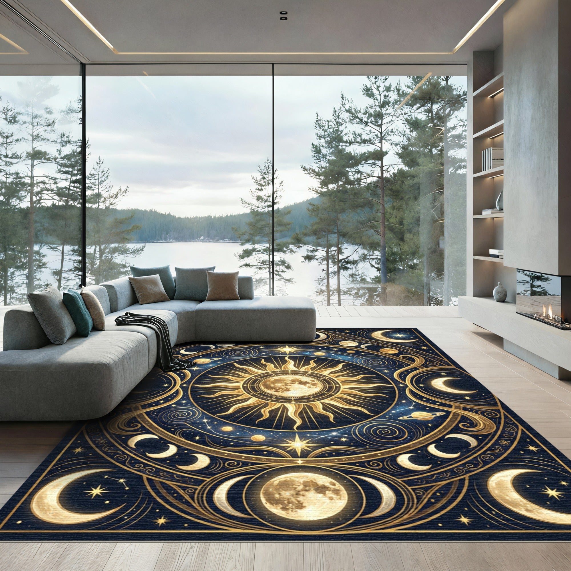 Celestial Sun and Moon Gold Tapestry Rug