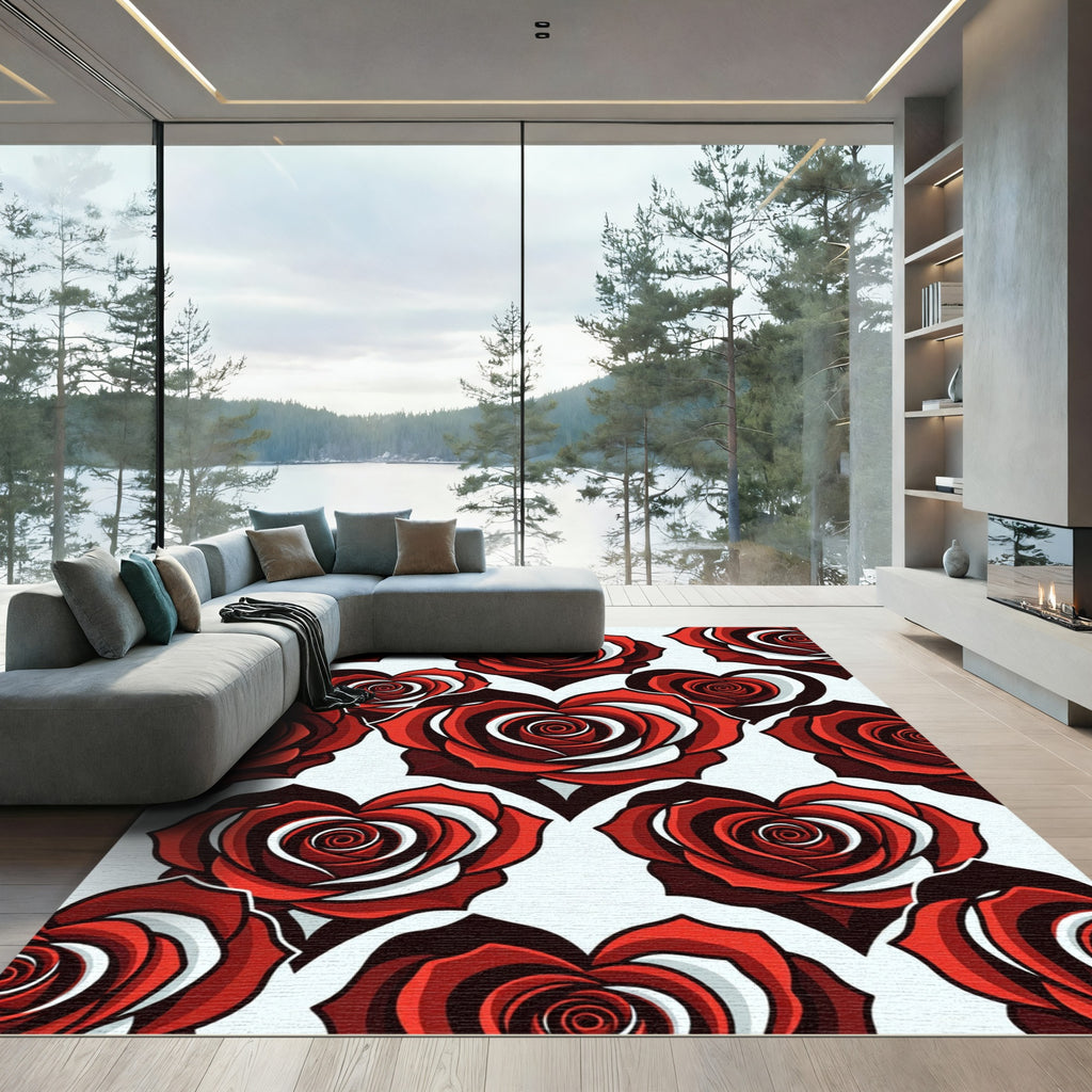 Bold Heart Shaped Red Rose Art Rug
