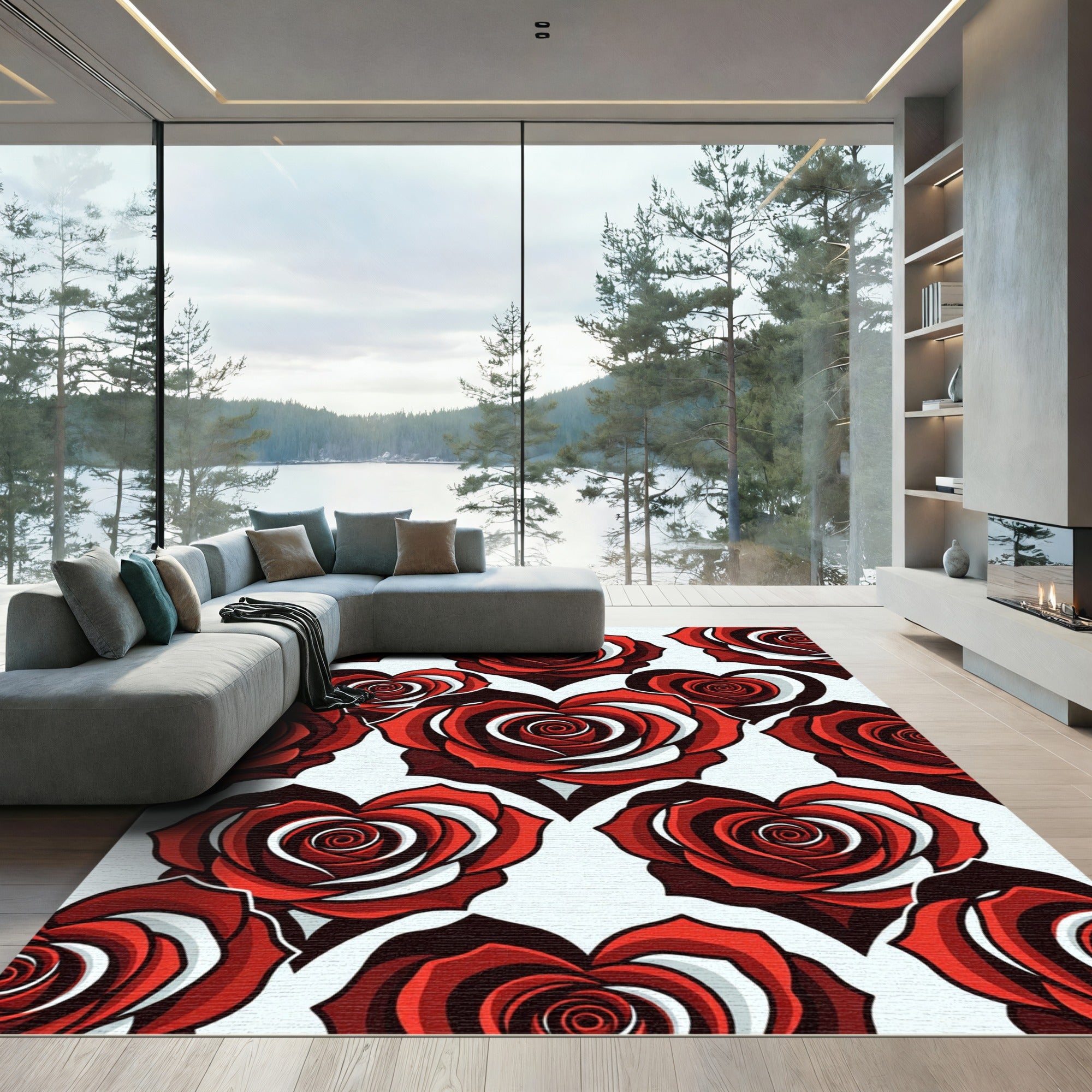 Bold Heart Shaped Red Rose Art Rug