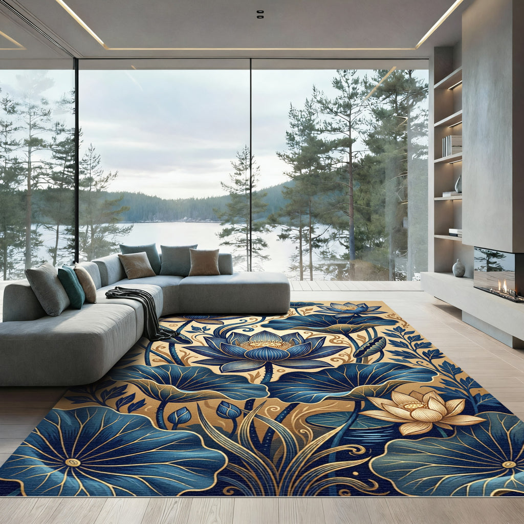 Deep Blue Golden Lotus Floral Composition Rug