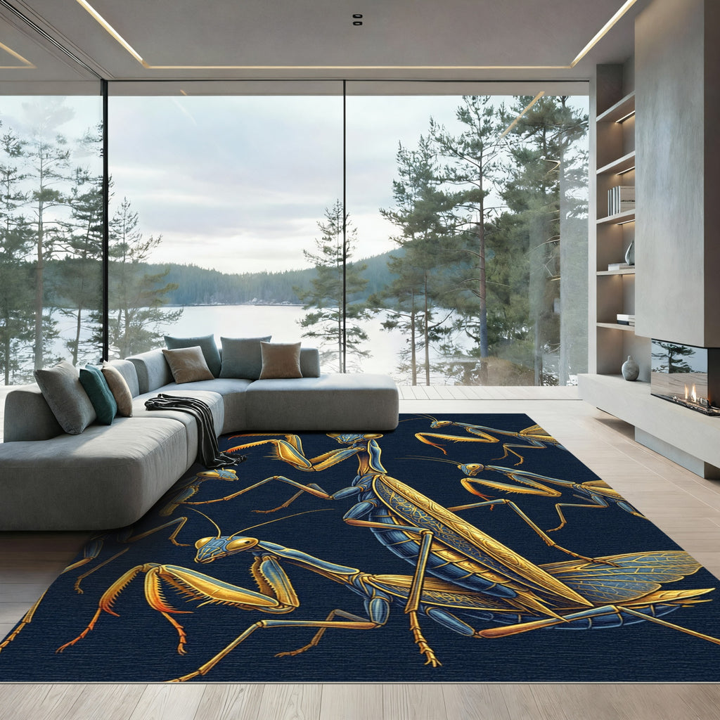 Golden Mantis Blue Entomology Illustration Rug