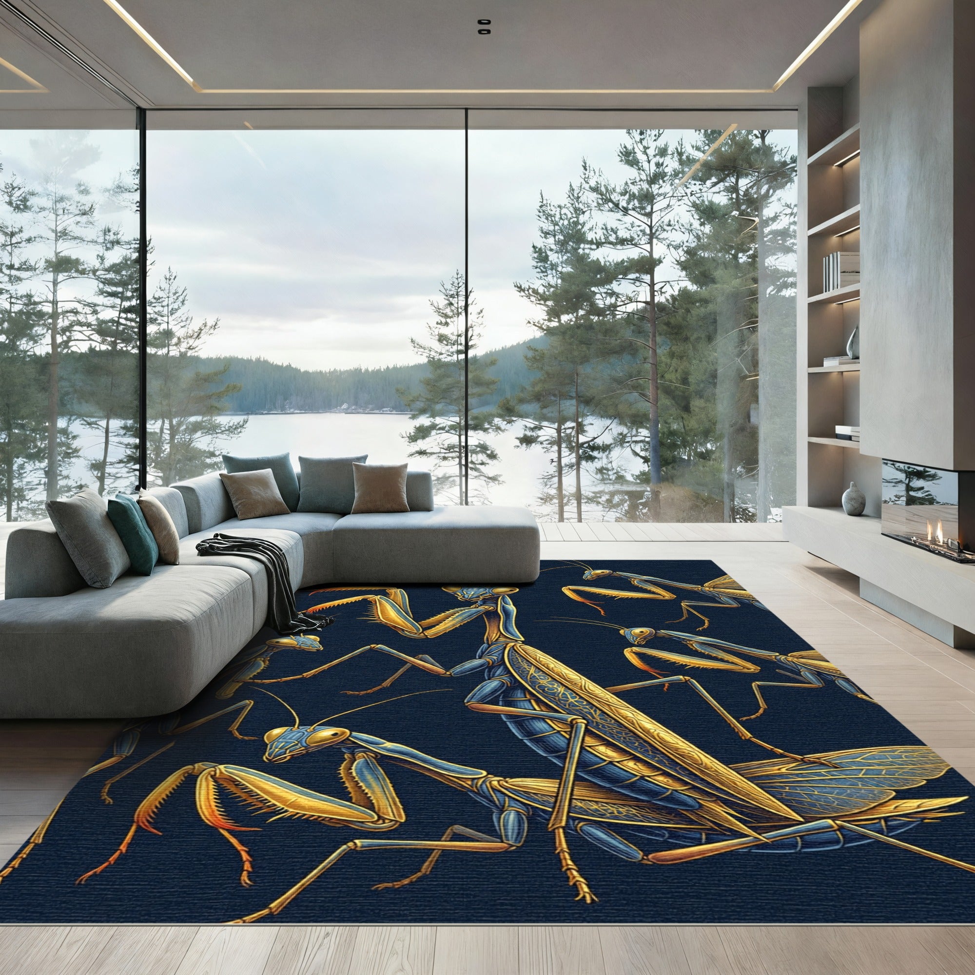 Golden Mantis Blue Entomology Illustration Rug