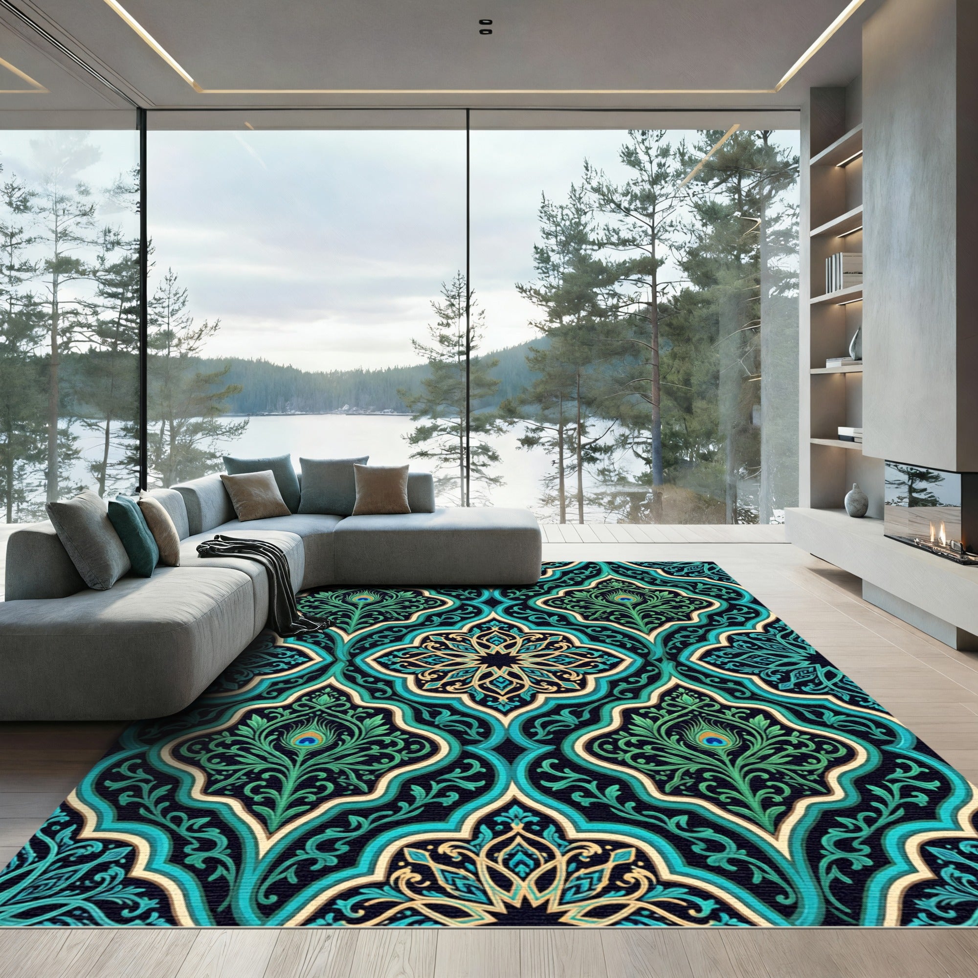Teal Green Peacock Floral Arabesque Rug