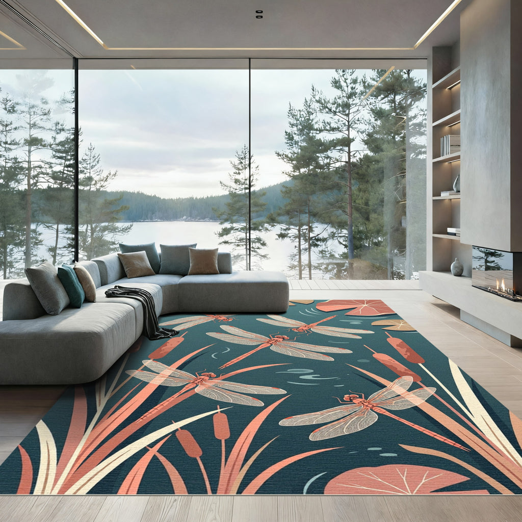 Earthy Terracotta Dragonfly Lily Pond Rug
