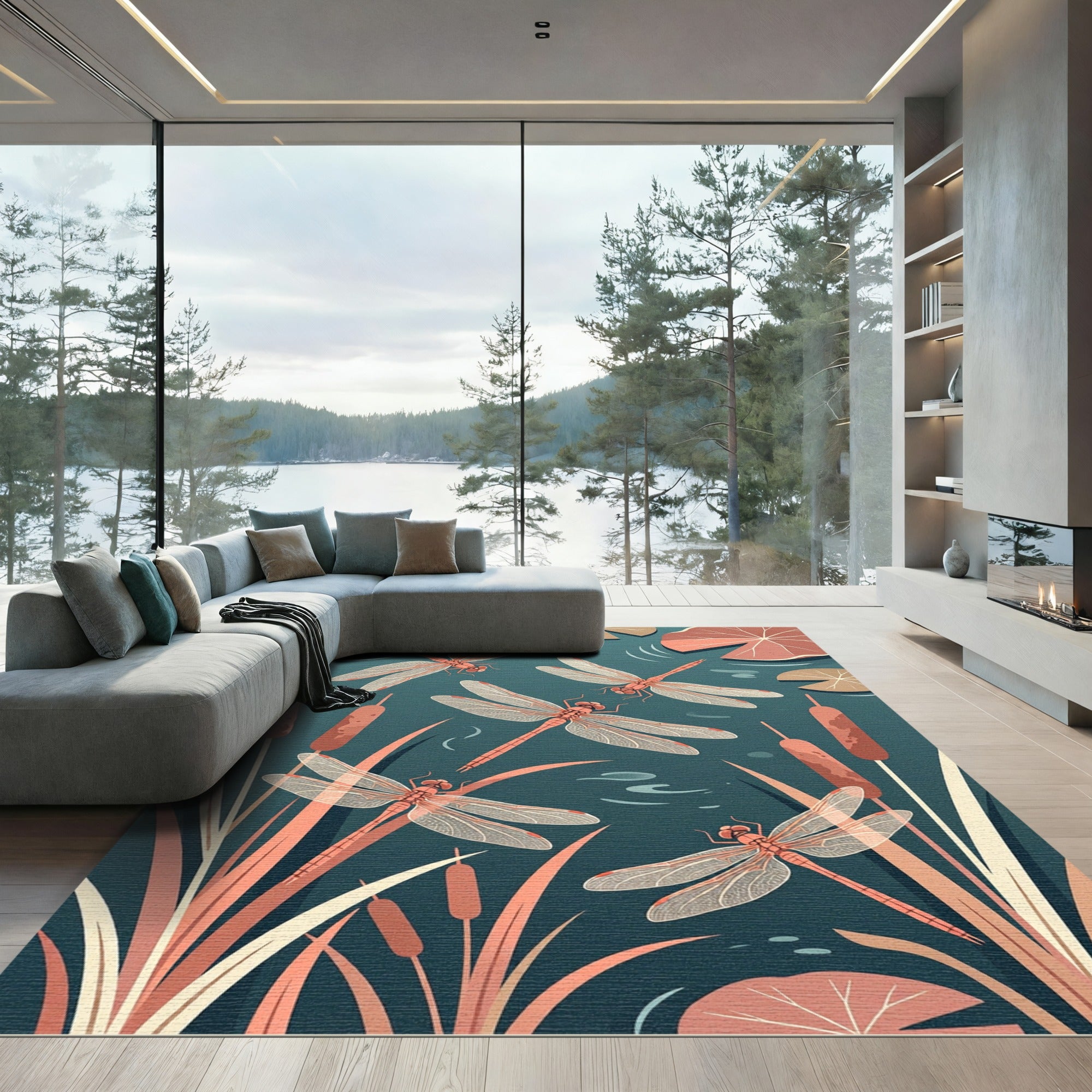 Earthy Terracotta Dragonfly Lily Pond Rug