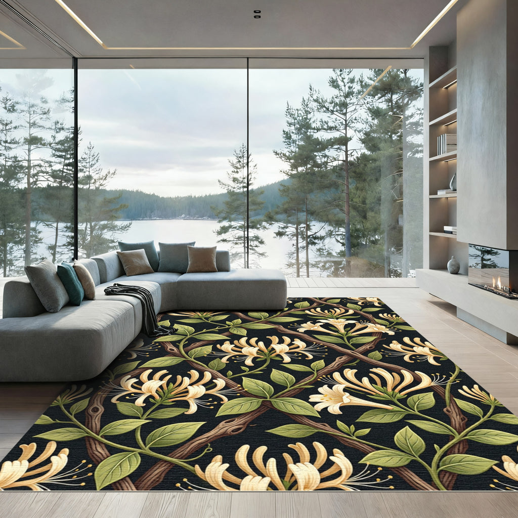 Cream Honeysuckle Botanical Trellis Black Background Rug