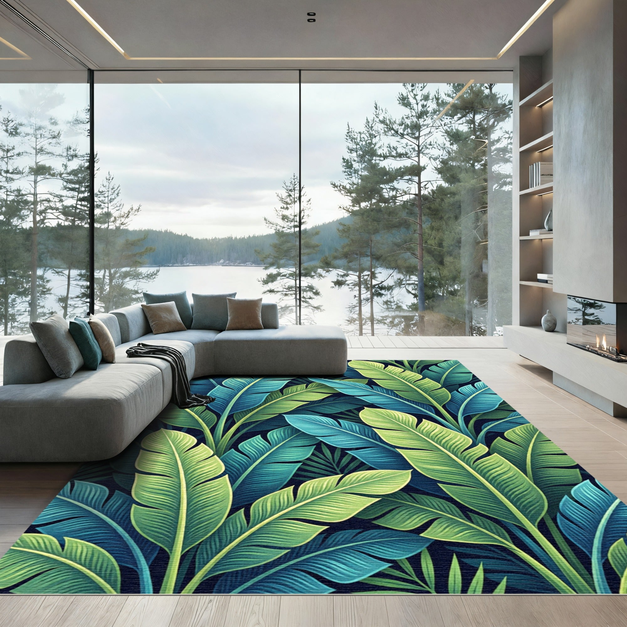 Lush Teal and Lime Tropical Foliage Rug