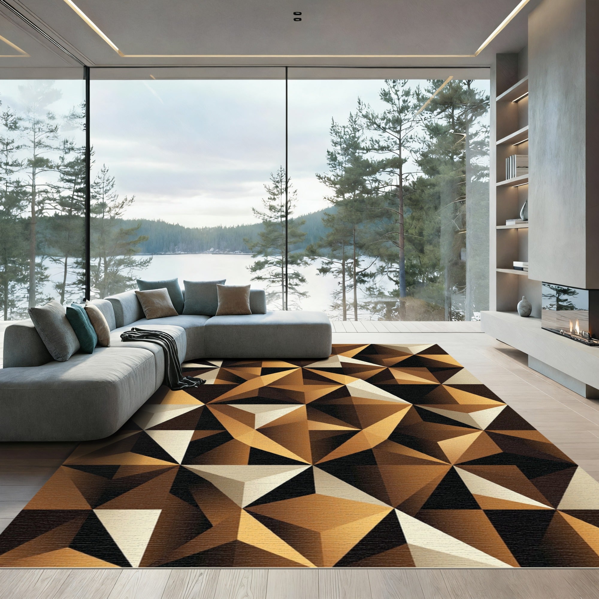 Golden Brown Geometric Facet Rug