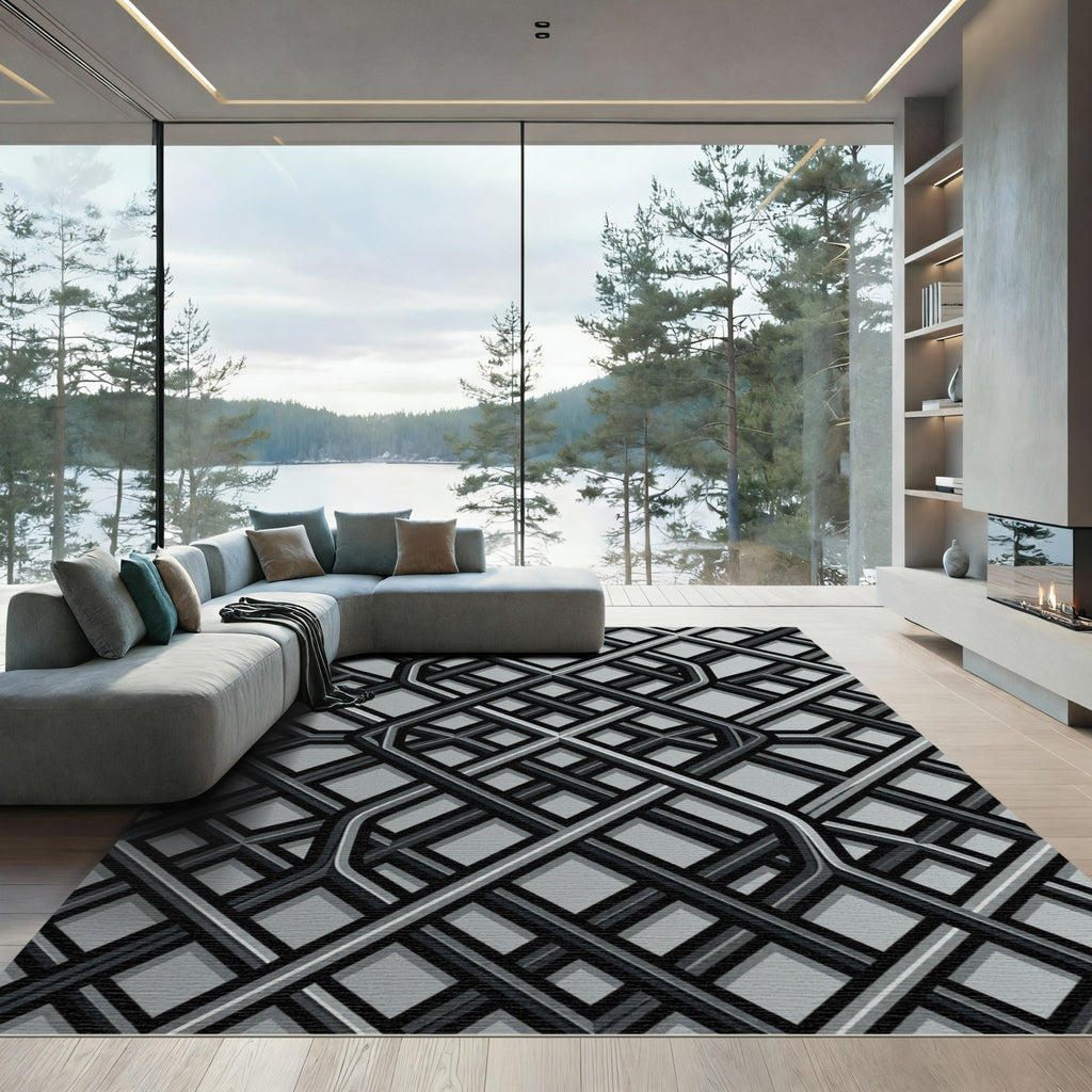 Monochrome Interlocking Geometric Grid Rug